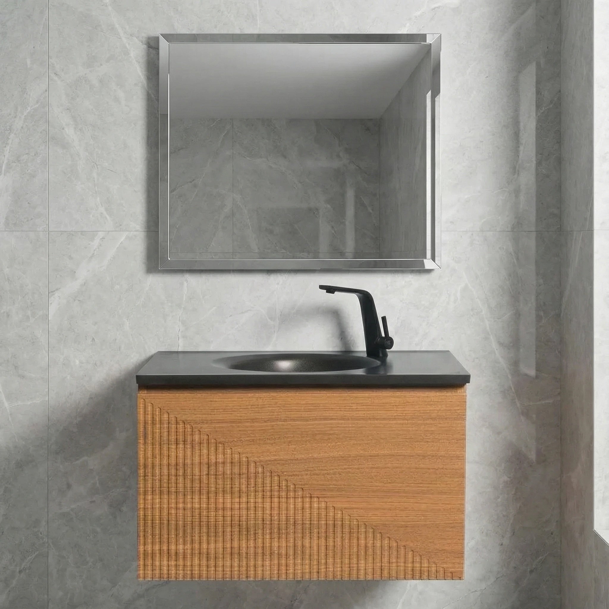 30" Light Oak Wall Mount Bathroom Vanity with Black Engineered Quartz Countertop