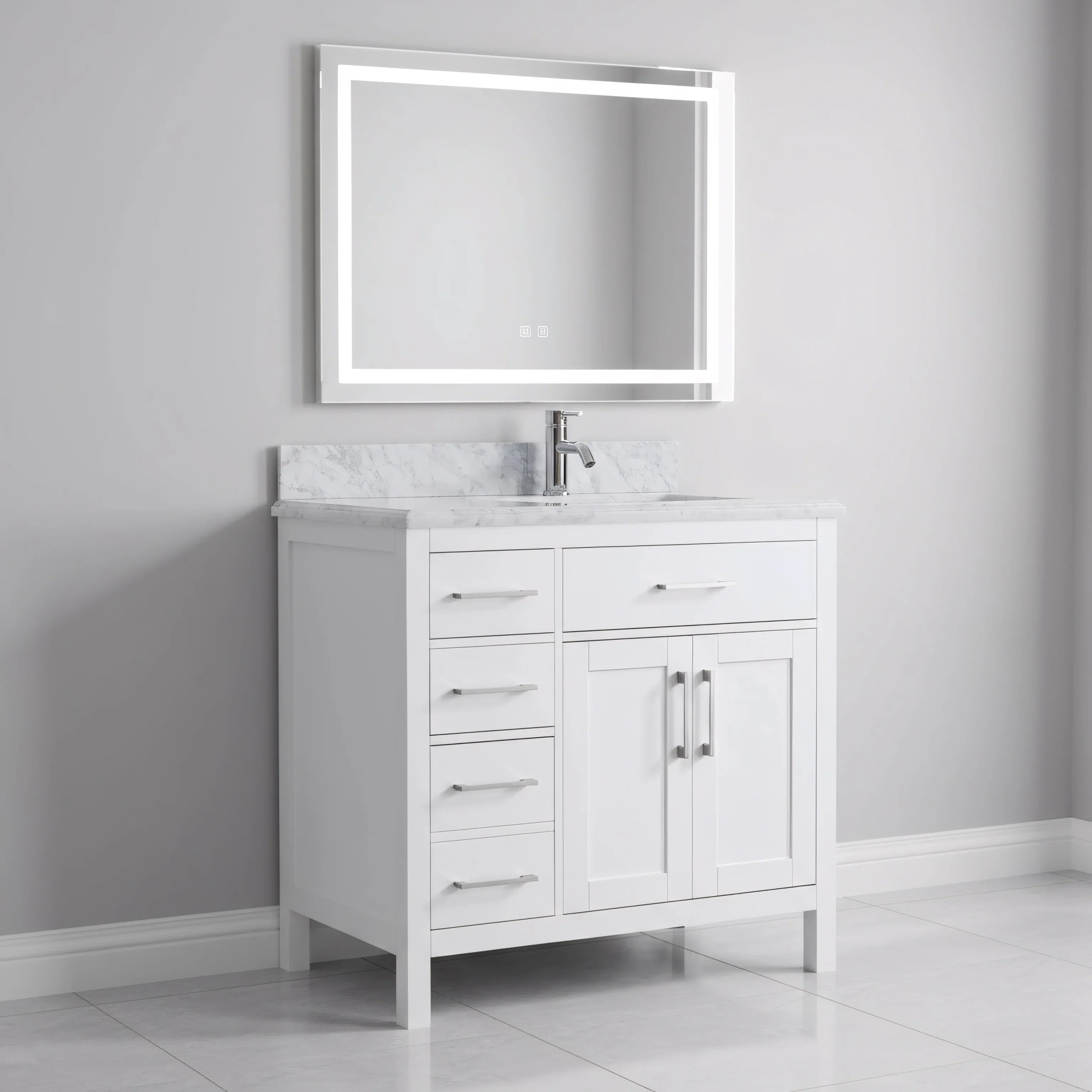 36" White Freestanding Single Sink Bathroom Vanity with Carrera Marble Countertop