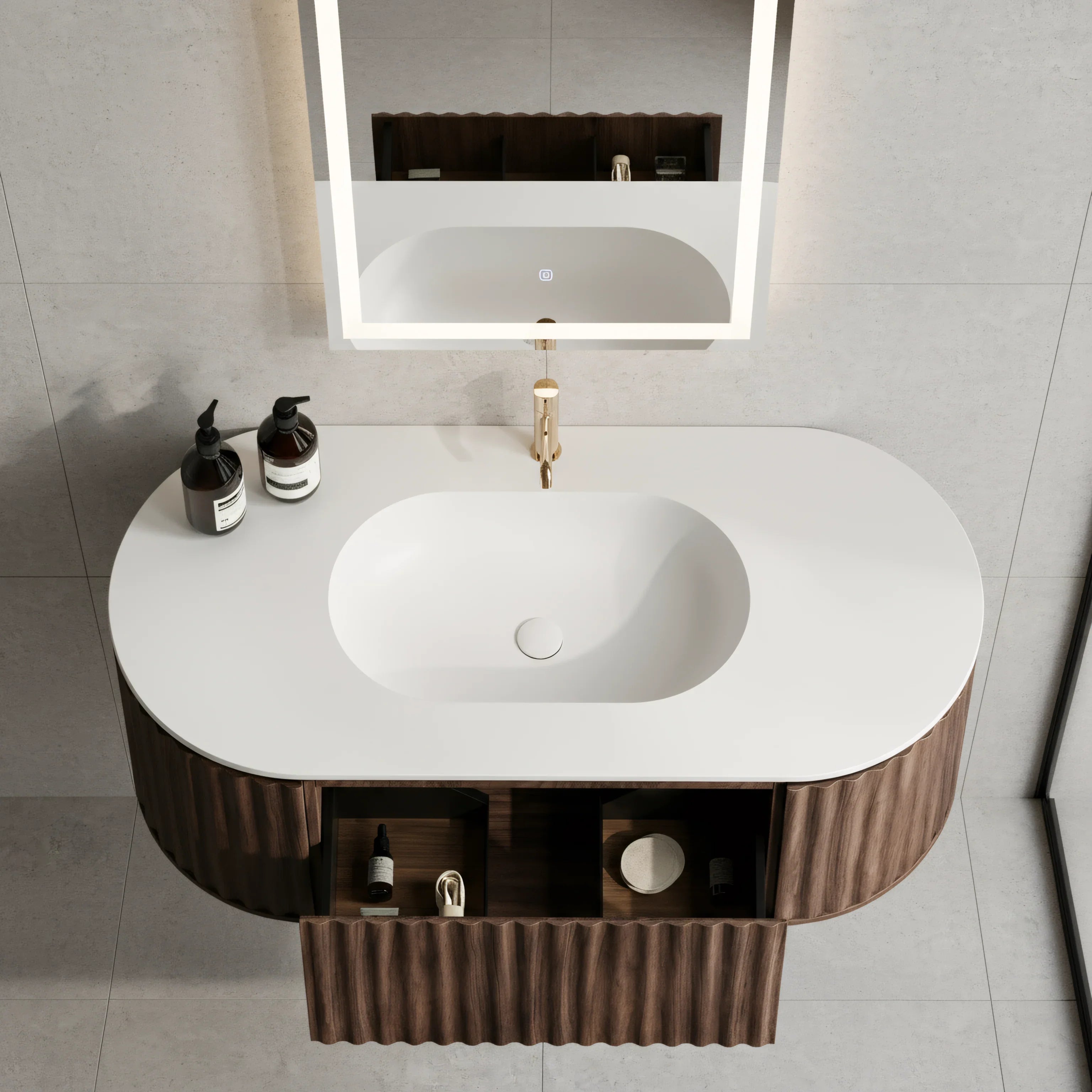 Meuble-lavabo 48 po en noyer courbé et cannelé - Comptoir blanc mat