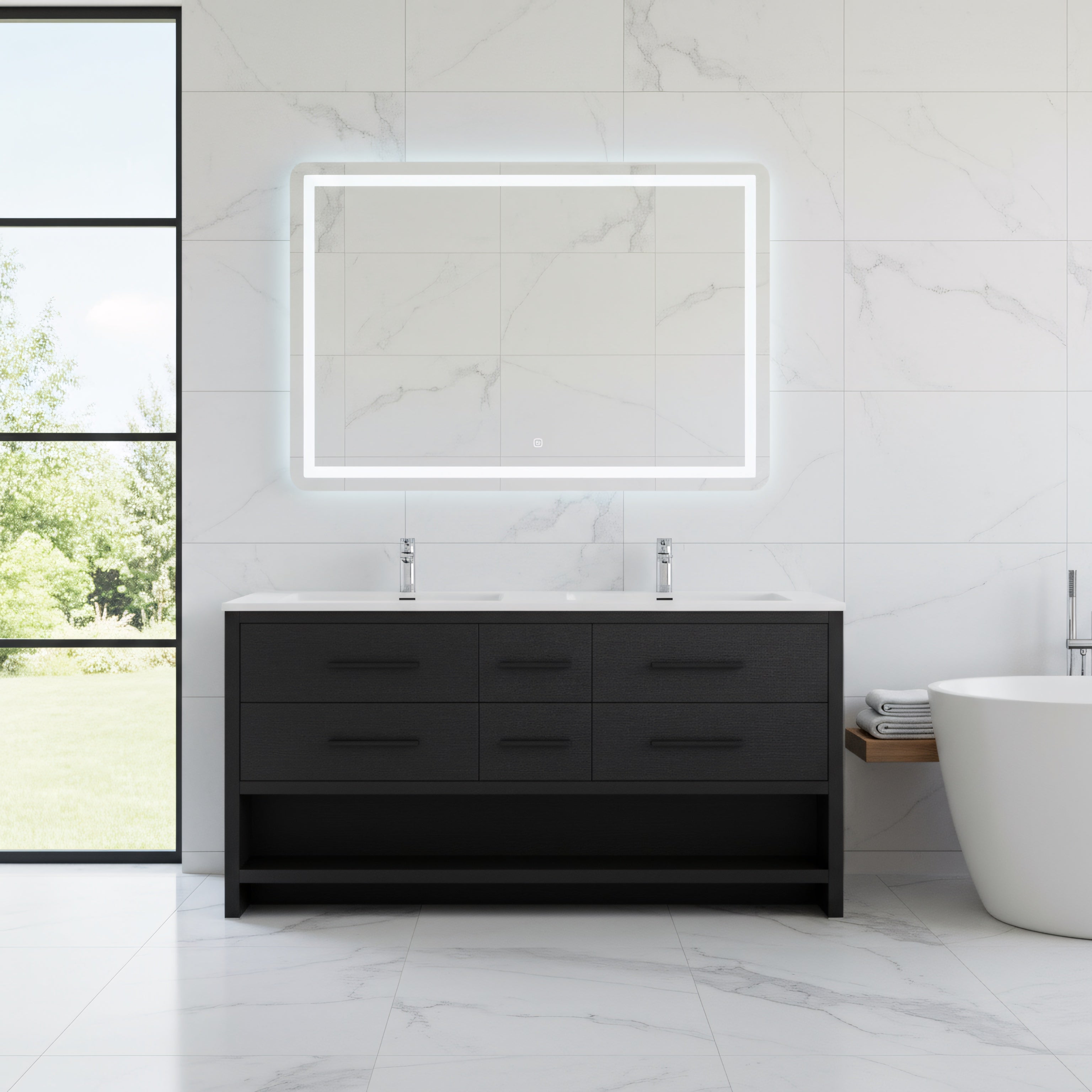 72" Black Rough Oak Freestanding Double Sink Bathroom Vanity with White Polymarble Countertop