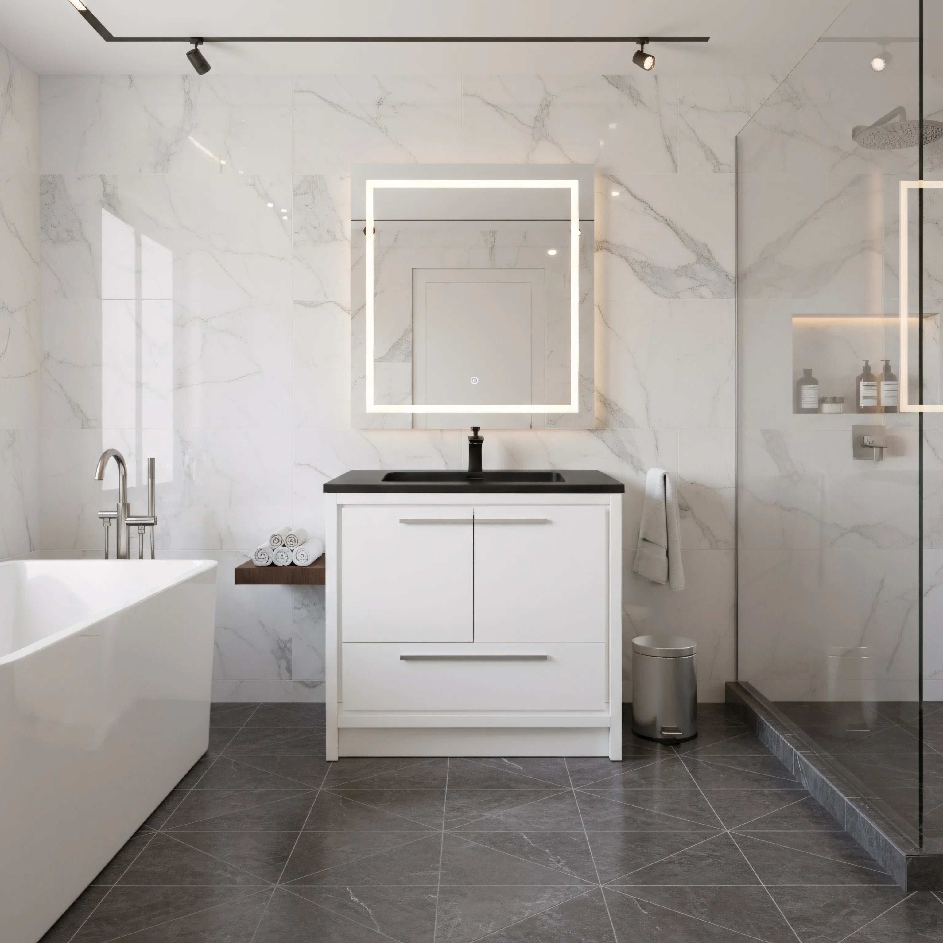 36" Glossy White Freestanding Bathroom Vanity with Black Engineered Quartz Countertop