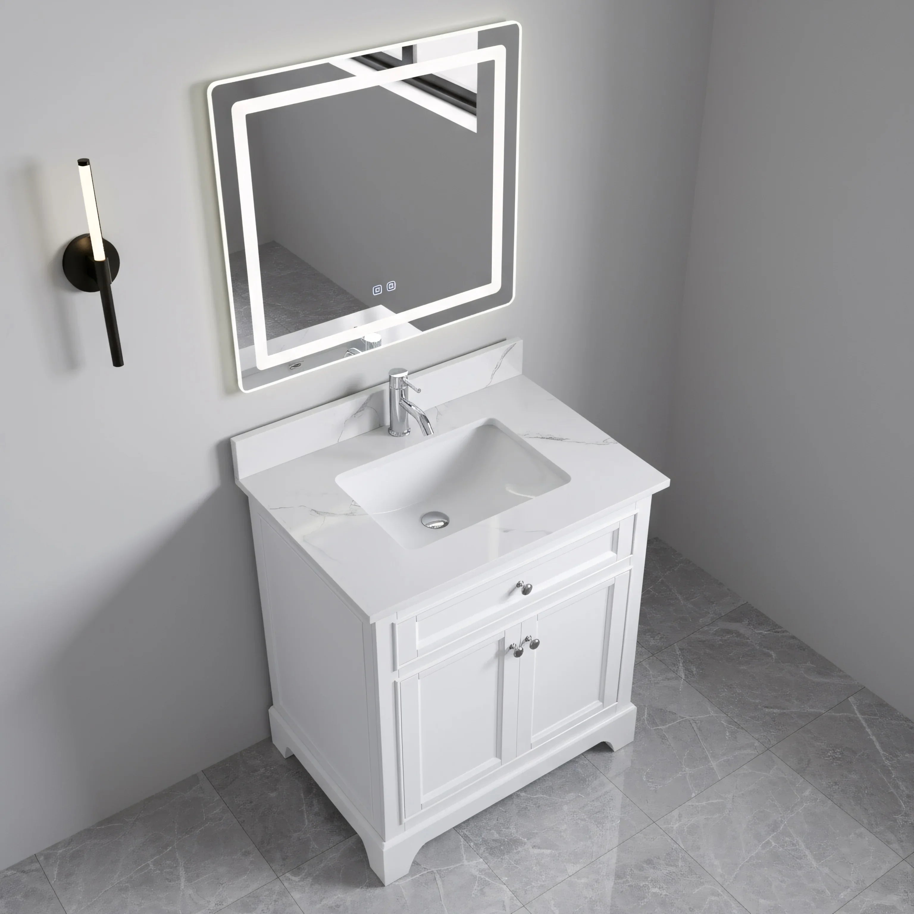 Meuble-lavabo de salle de bain autoportant blanc 30" avec Comptoir en marbre Calcutta reconstitué