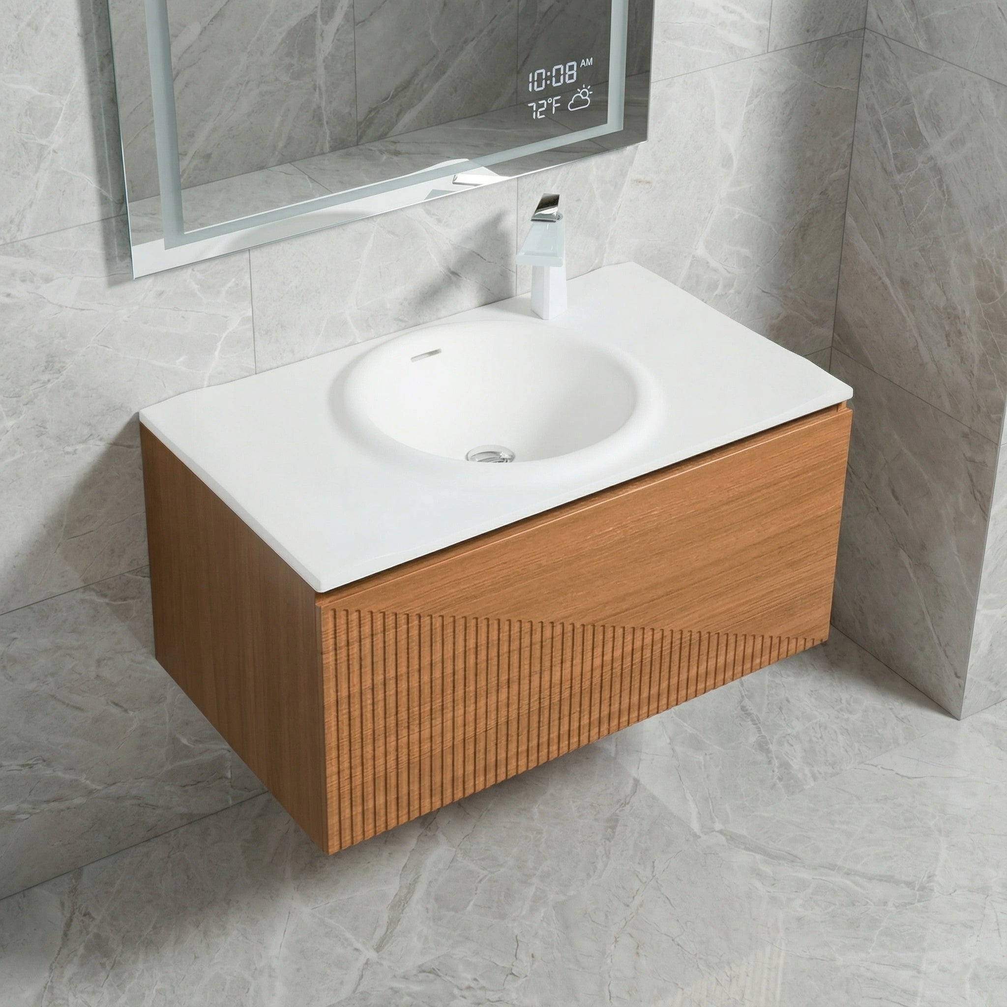 36" Light Oak Wall Mount Bathroom Vanity with White Solid Surface Countertop