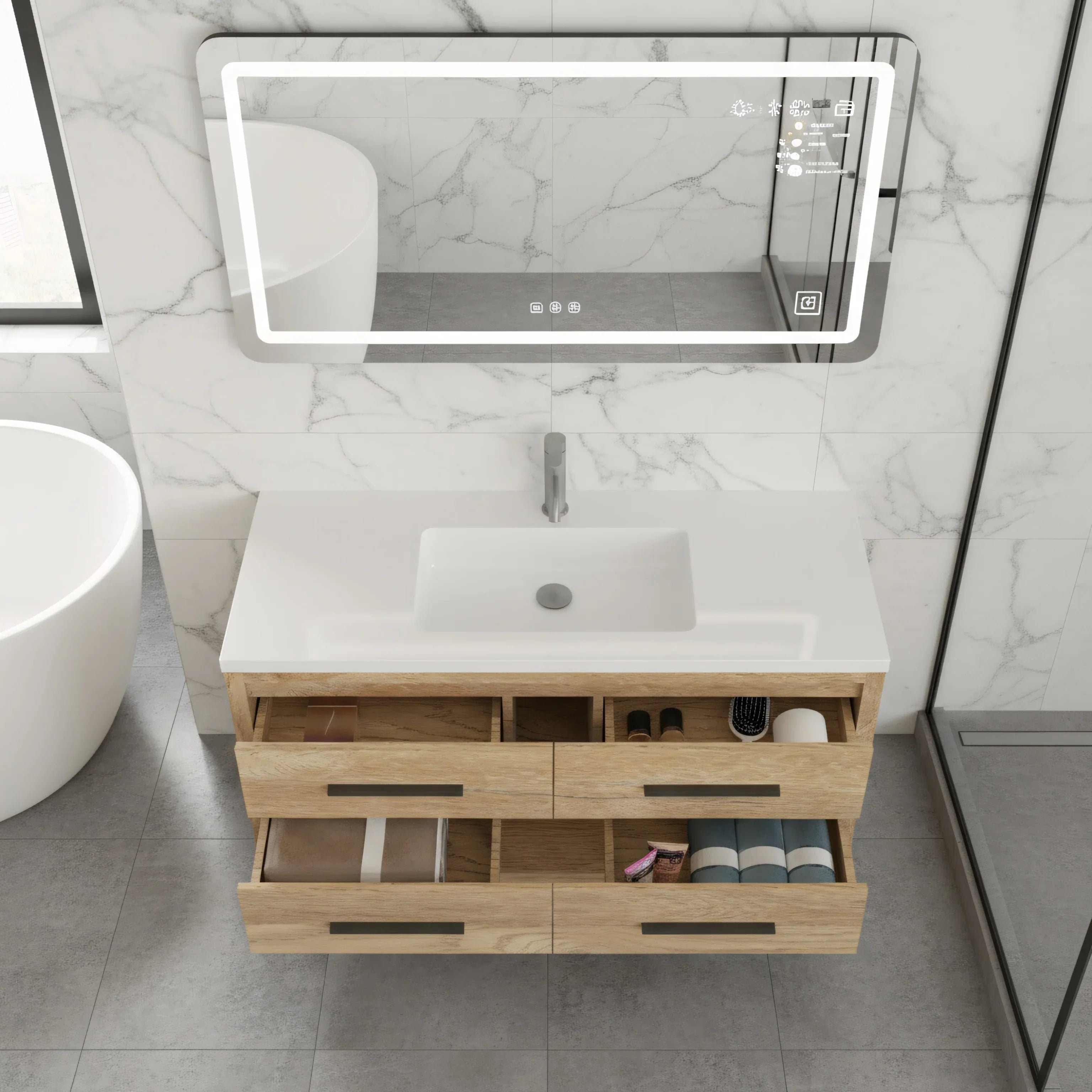 48" Rough Oak Freestanding Bathroom Vanity with White Polymarble Countertop