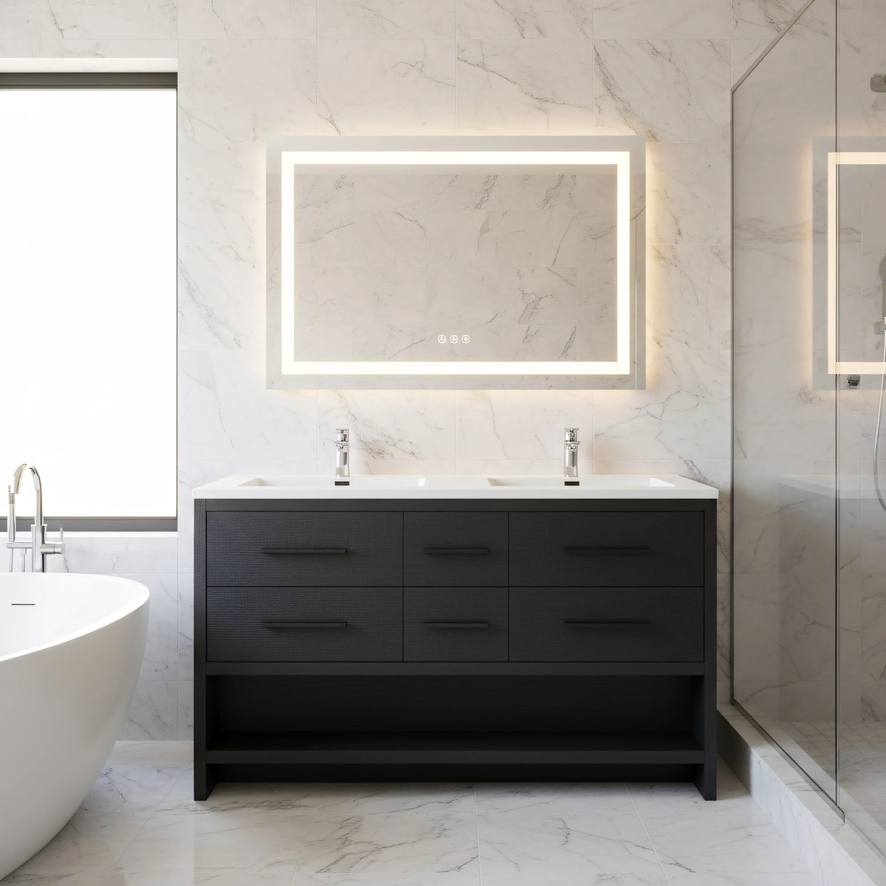 60" Black Oak Freestanding Double Sink Bathroom Vanity with White Polymarble Countertop