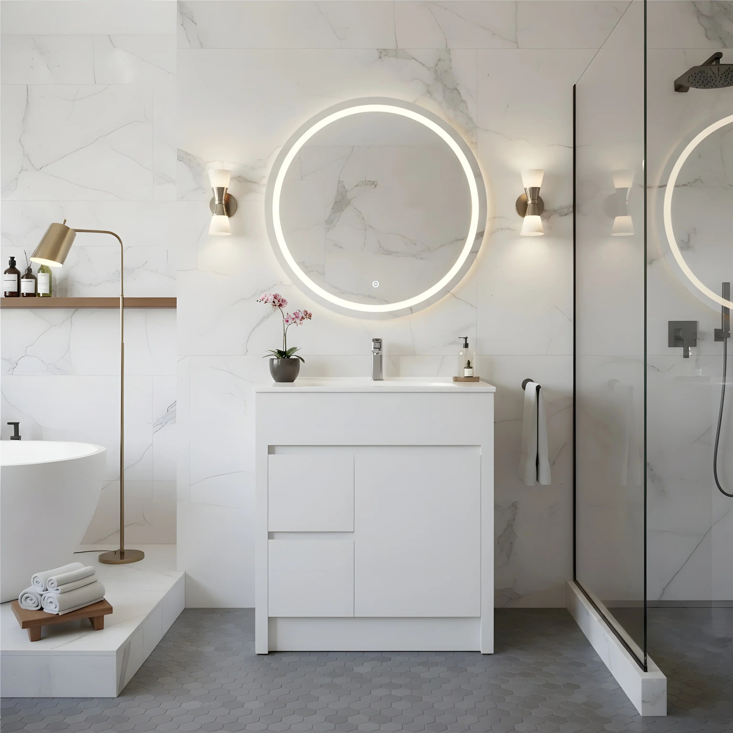 Meuble-Lavabo Autoportant 30po Blanc Mat avec Comptoir de Céramique Blanc