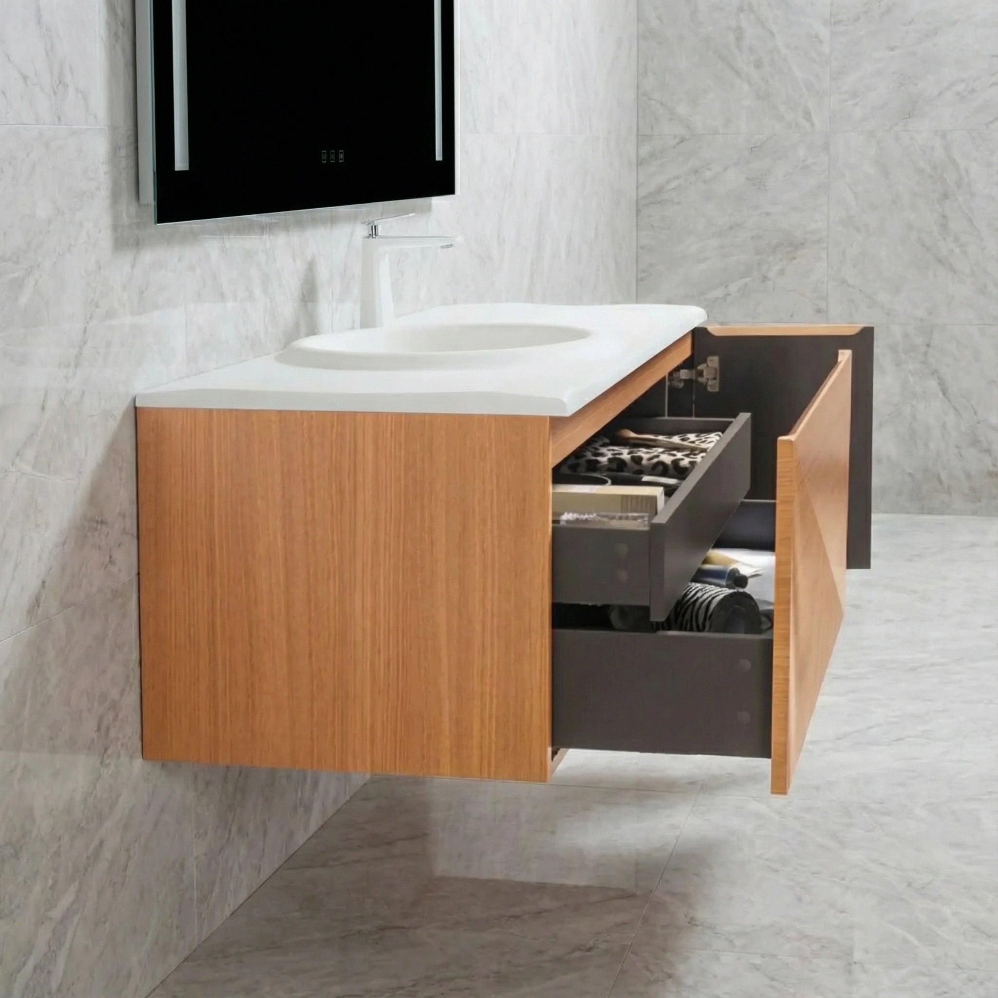 48" Light Oak Wall Mount Bathroom with White Solid Surface Countertop