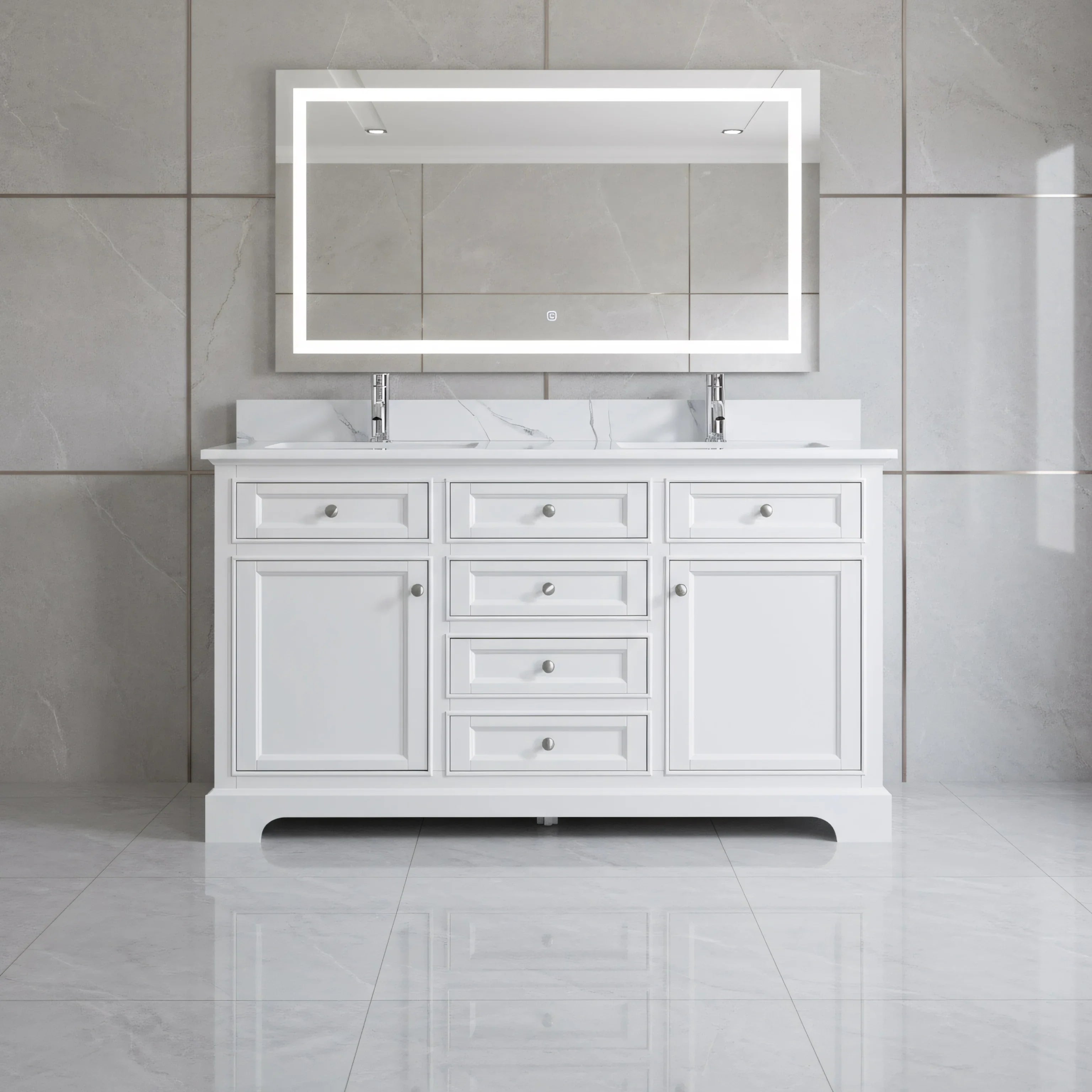 60" White Freestanding Double Sink Bathroom Vanity with Engineered Calcutta Marble Countertop