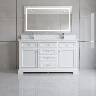 60" White Freestanding Double Sink Bathroom Vanity with Engineered Calcutta Marble Countertop