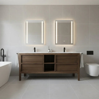 72" Natural Walnut Freestanding Double Sink Bathroom Vanity with White Solid Surface Countertop