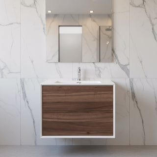 30" Walnut Wall Mount Vanity with White Polymarble Countertop