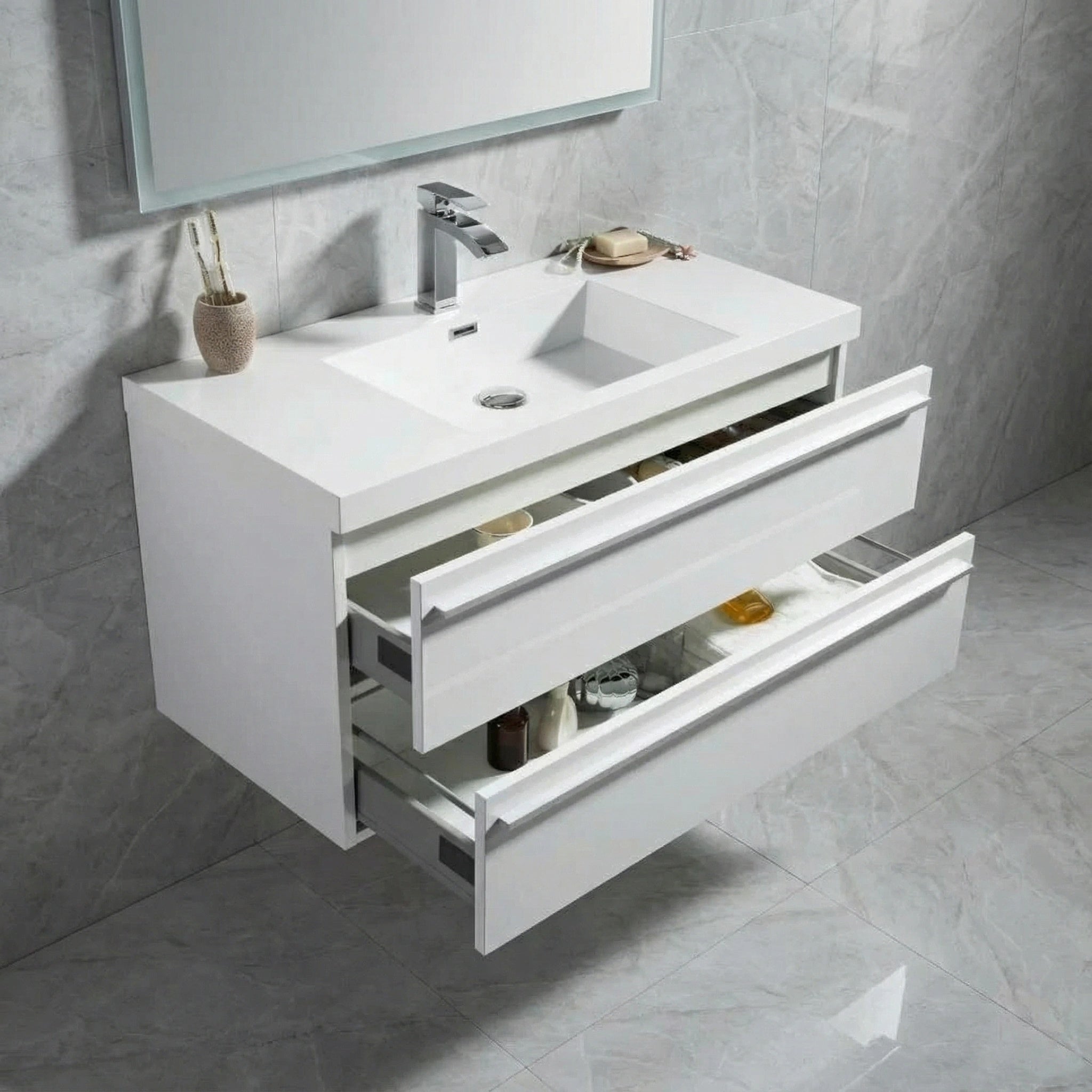 Meuble-Lavabo Mural Blanc de 36 po avec Comptoir en Polymarbre Blanc