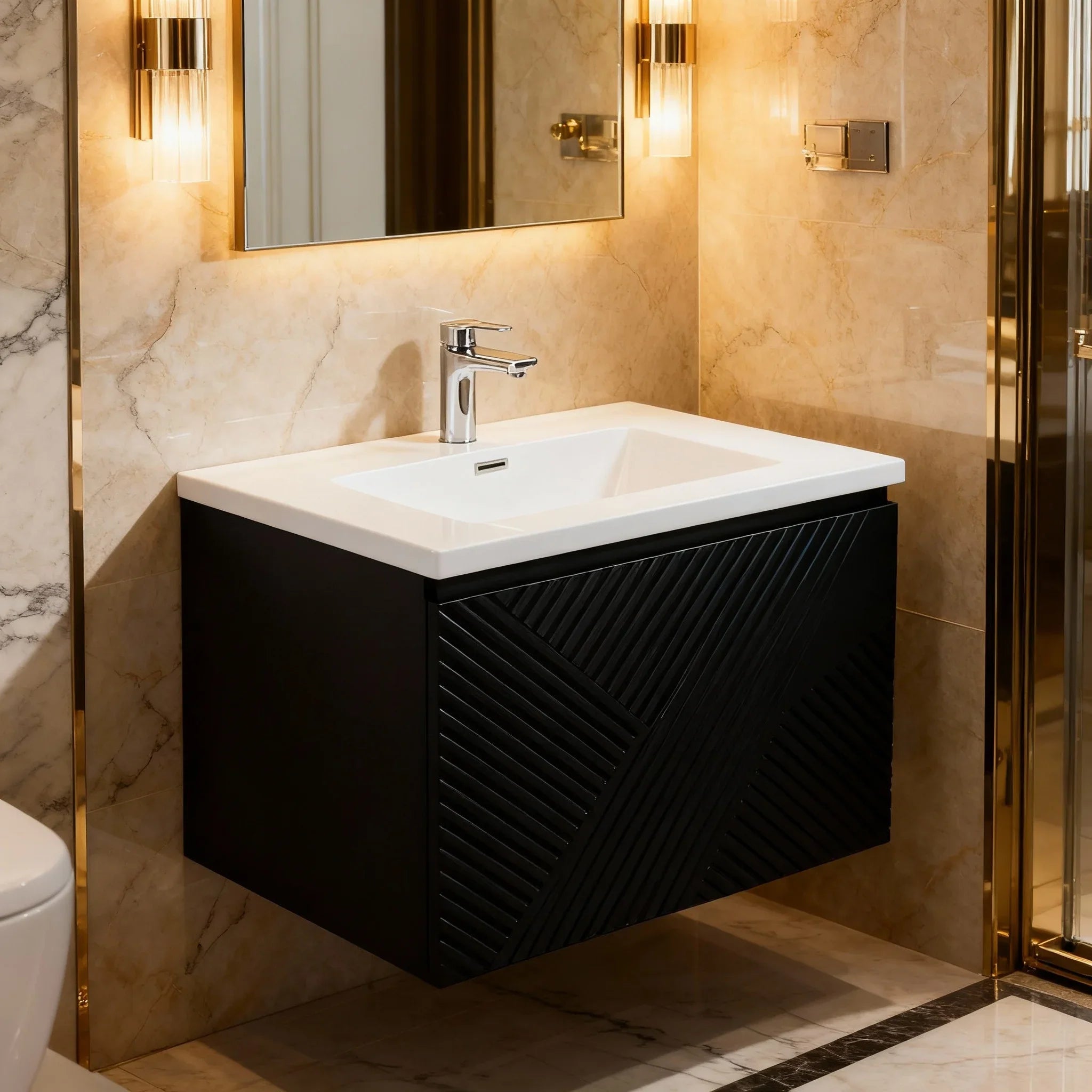 Meuble-lavabo mural noir 24" avec Comptoir en polymarbre blanc