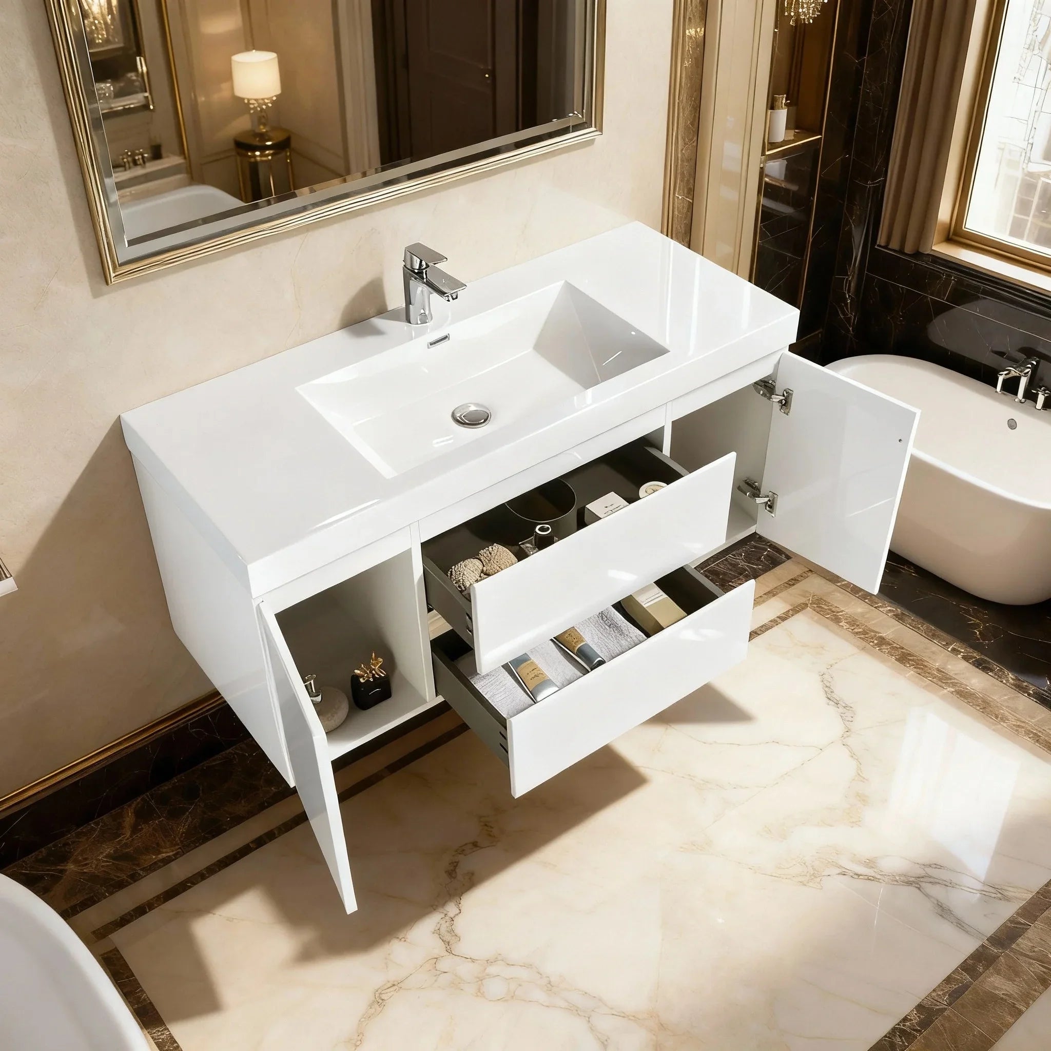 48" Glossy White Wall Mount Single Sink Bathroom Vanity with White Polymarble Countertop
