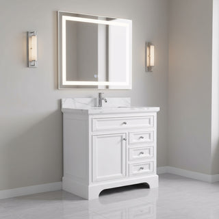 36" White Freestanding Single Sink Bathroom Vanity with Calcutta Quartz Countertop