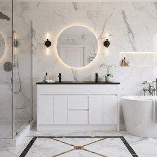 60" Matte White Freestanding Double Sink Bathroom Vanity with Black Engineered Quartz Countertop