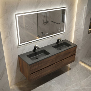 Meuble-Lavabo Mural 60po Noyer avec Comptoir de Quartz d'ingénierie Noir