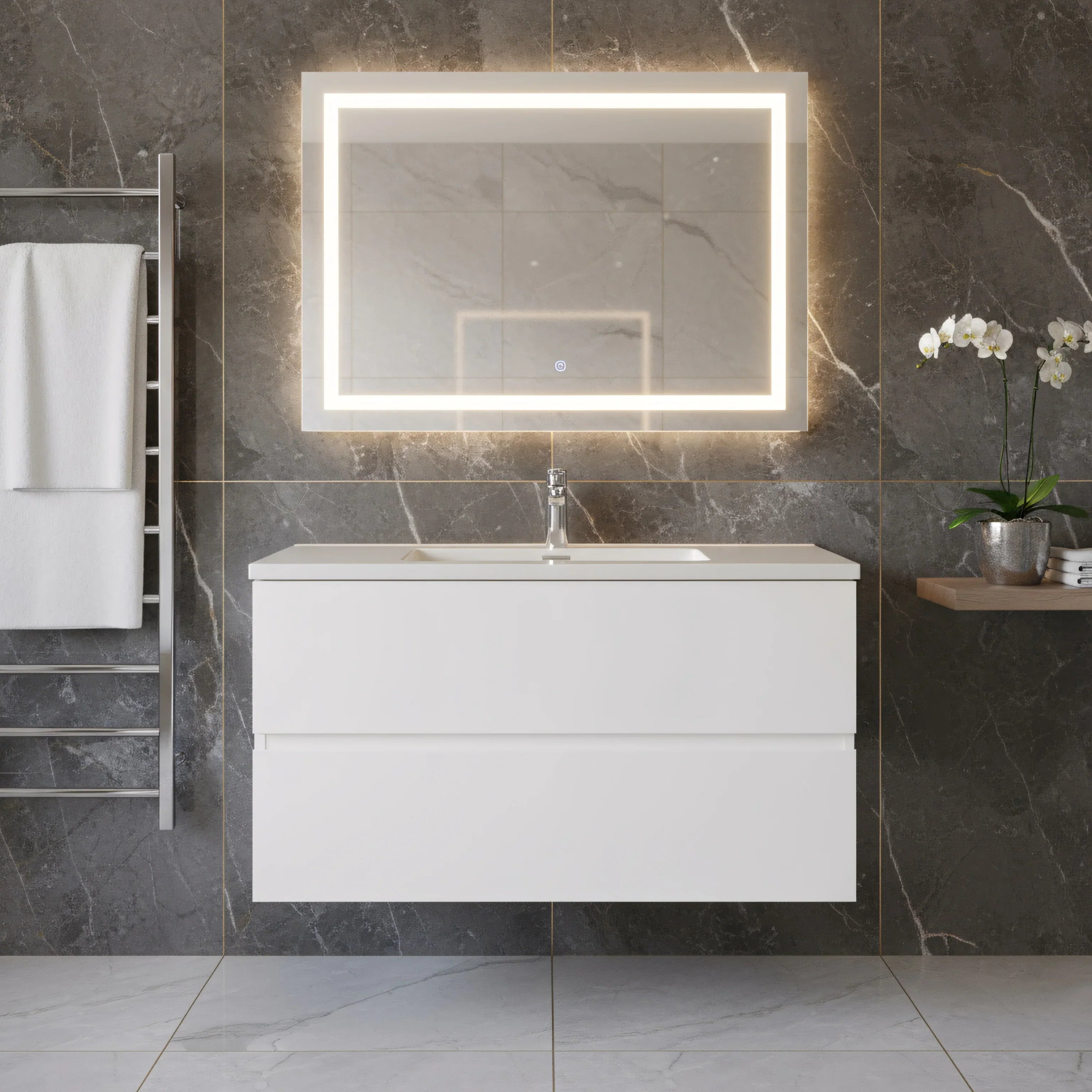 36" White Wall Mount Single Sink Bathroom Vanity with White Polymarble Countertop