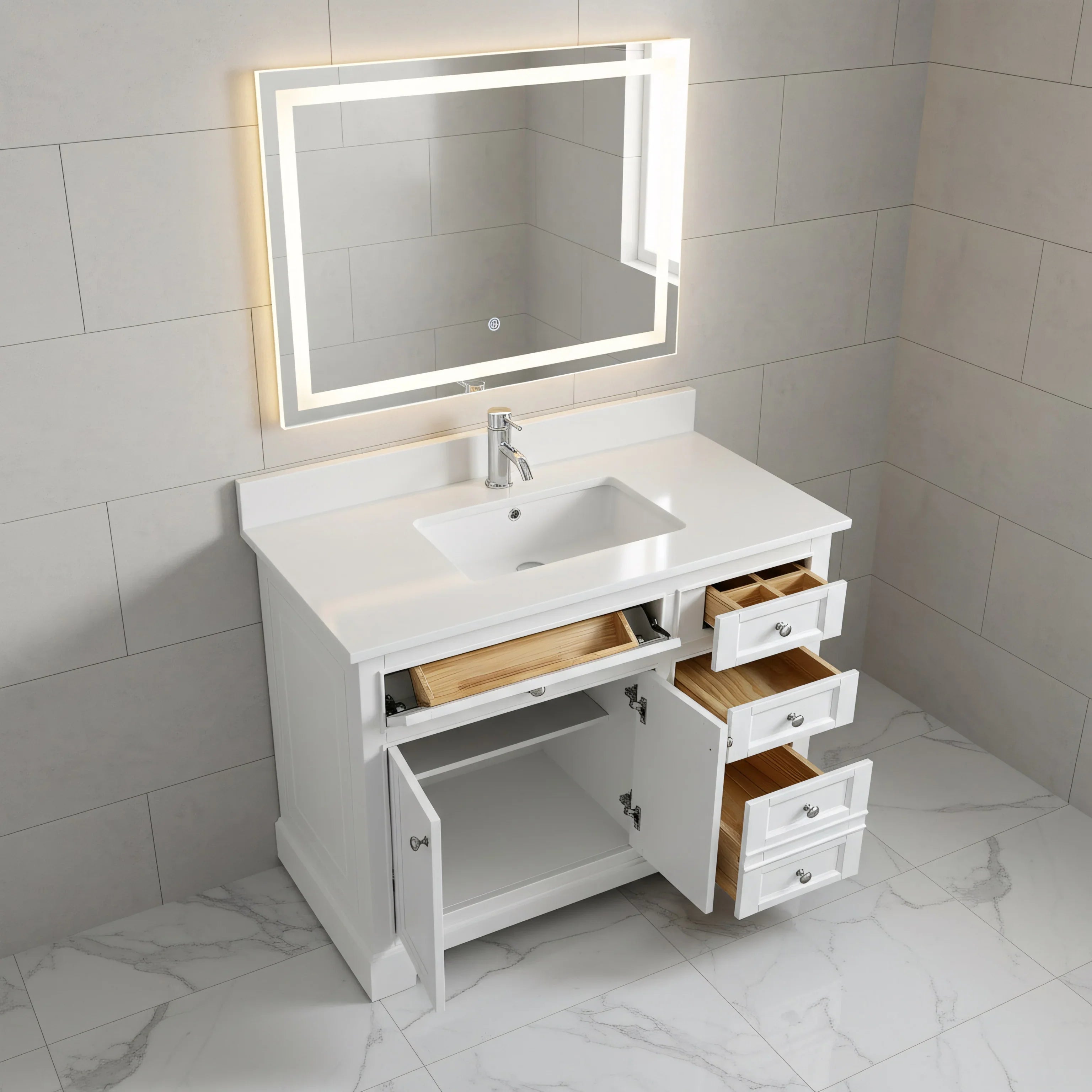 Meuble-Lavabo Autoportant 42po Blanc avec Comptoir de Quartz Blanc