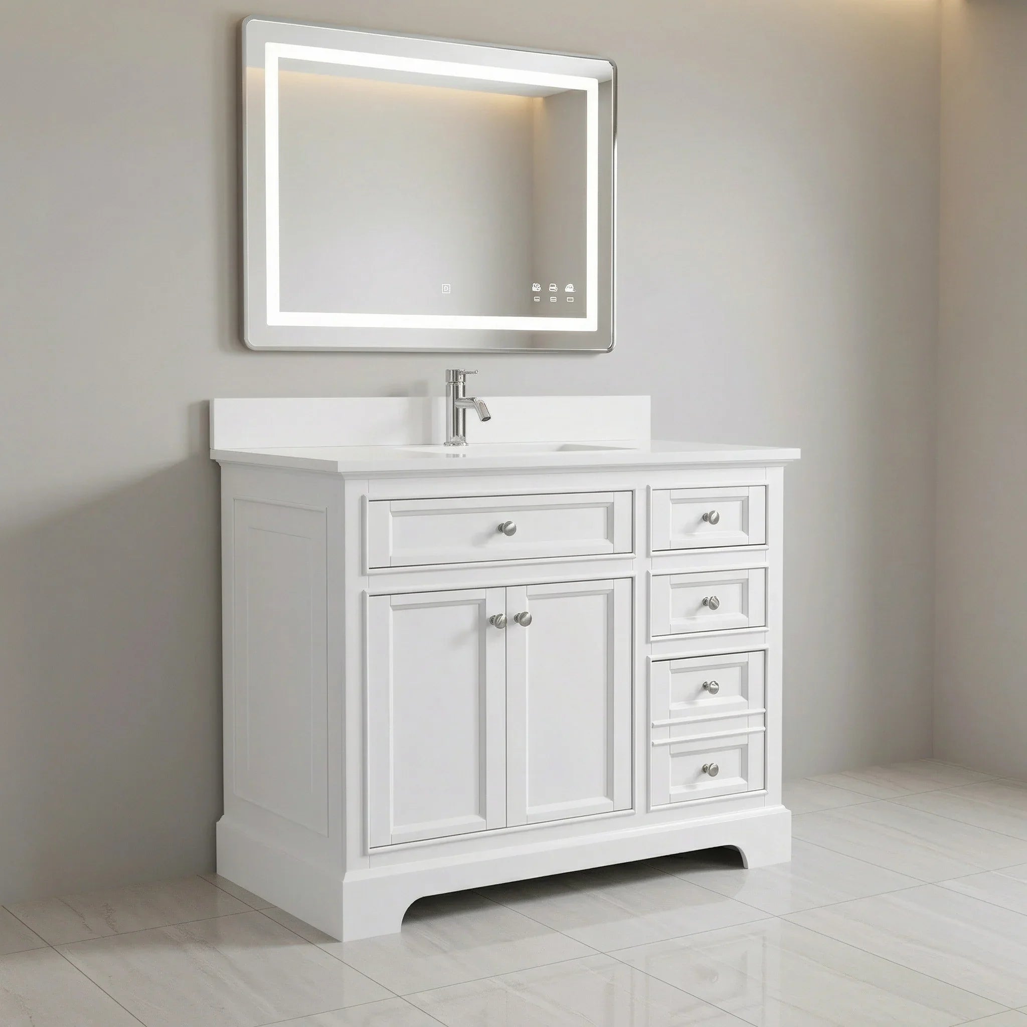 42" White Freestanding Single Sink Bathroom Vanity with Engineered White Marble Countertop