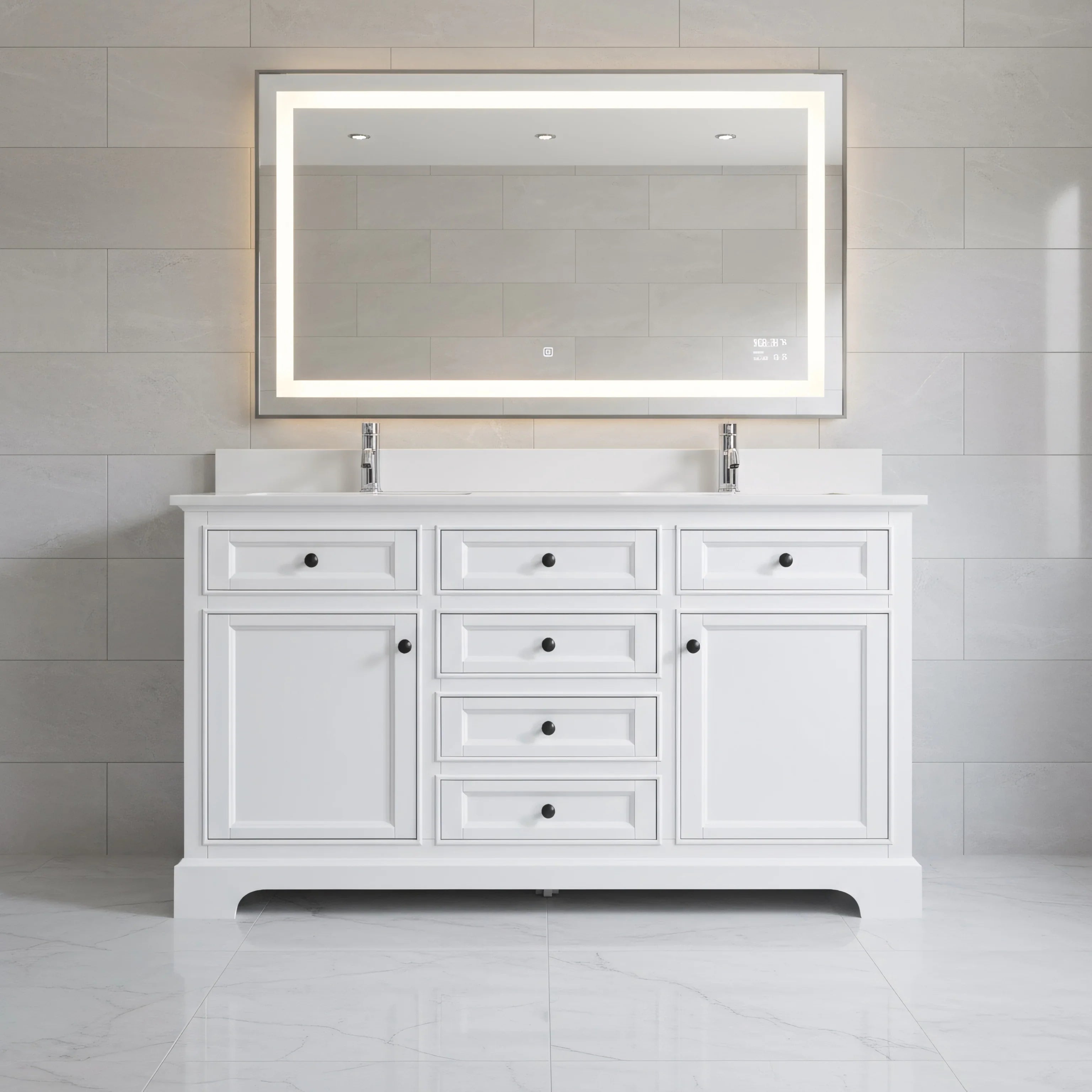 60" White Freestanding Double Sink Bathroom Vanity with Solid White Quartz Countertop