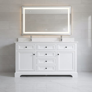 Meuble-Lavabo Autoportant 60po Blanc avec Comptoir de Quartz Blanc Solide