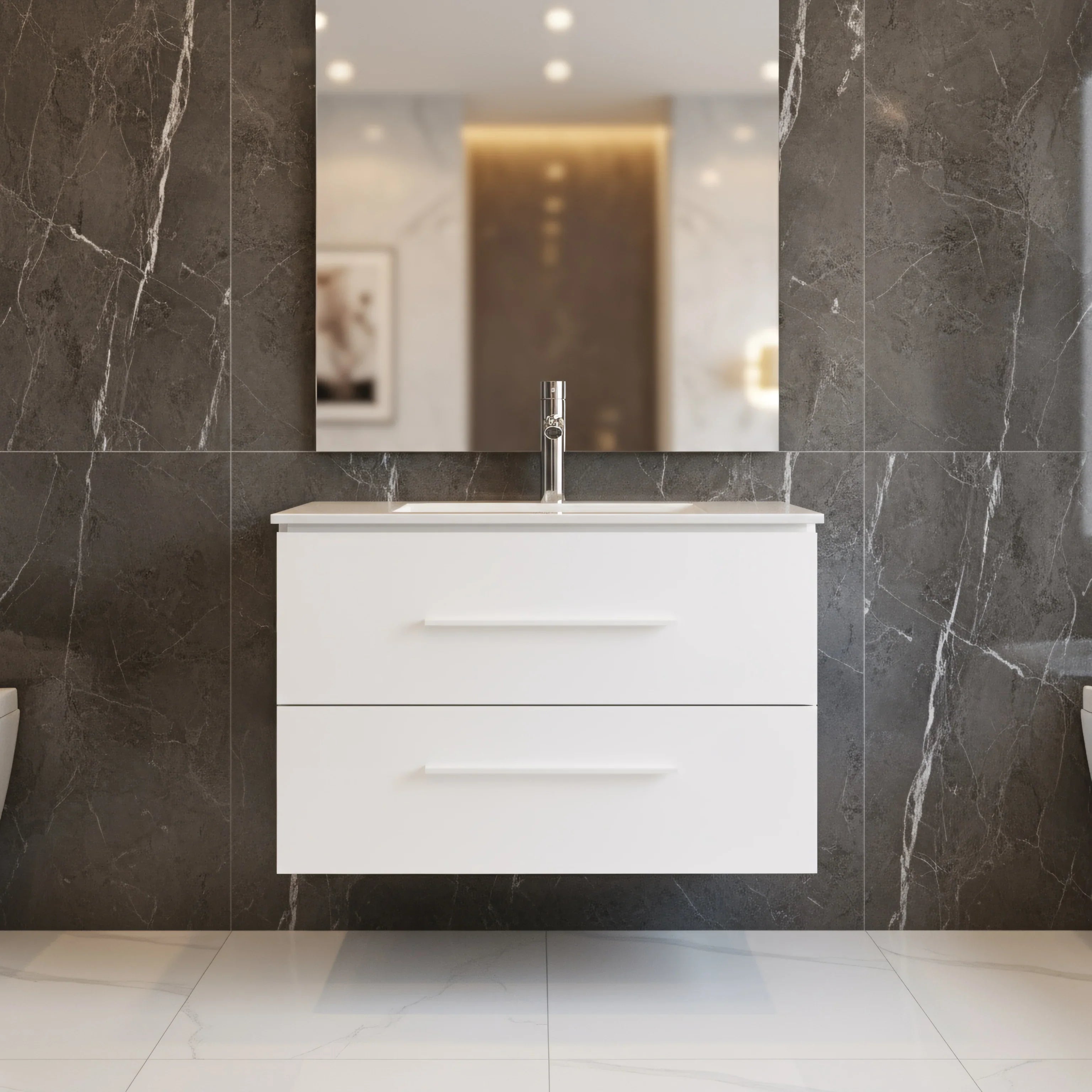 30" Matte White Wall Mount Bathroom Vanity with White Ceramic Countertop