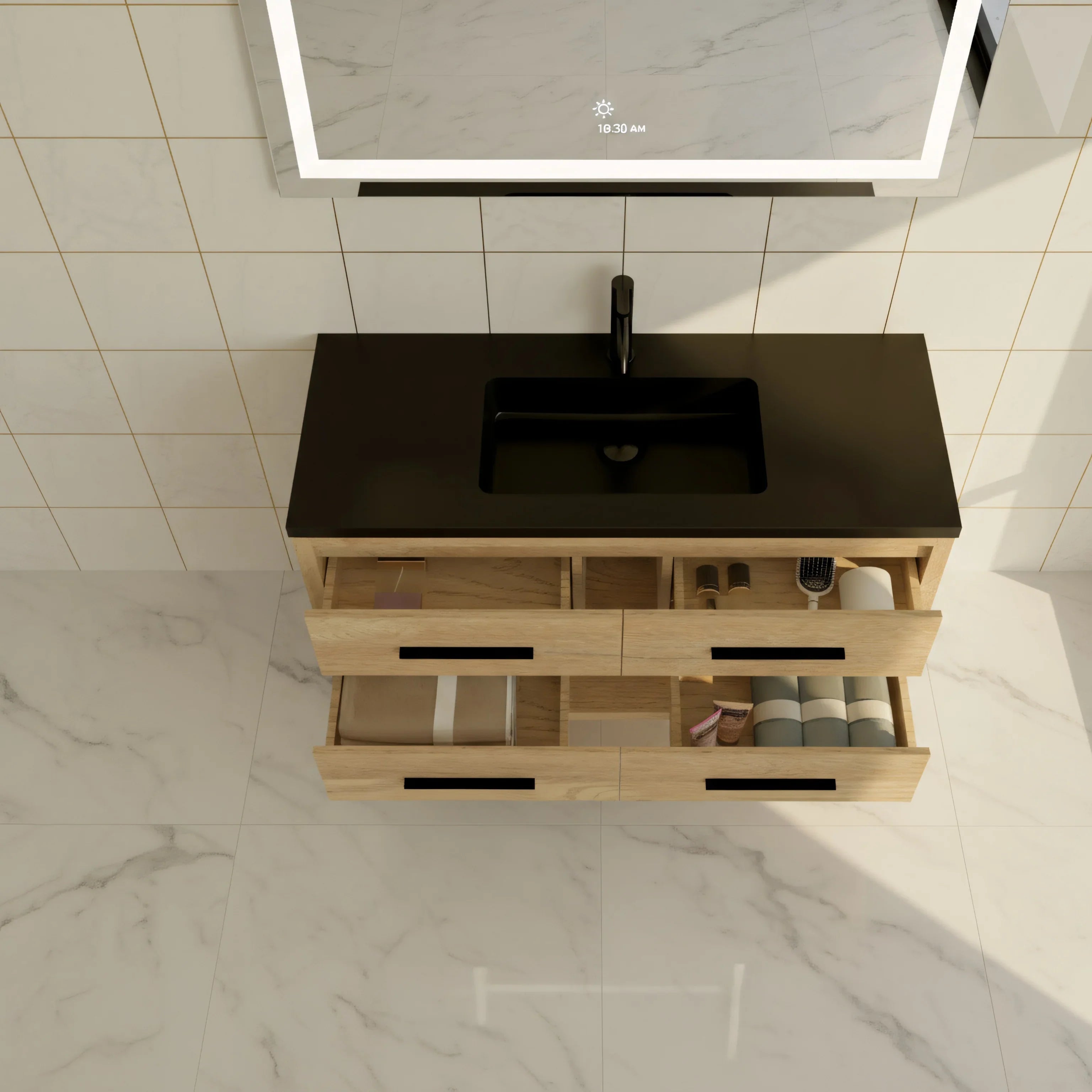 48" Rough Oak Freestanding Bathroom Vanity with Black Engineered Quartz Countertop