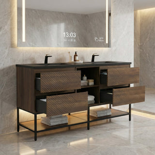 Meuble-Lavabo Mural 72po Noyer avec Comptoir de Quartz d'ingénierie Noir