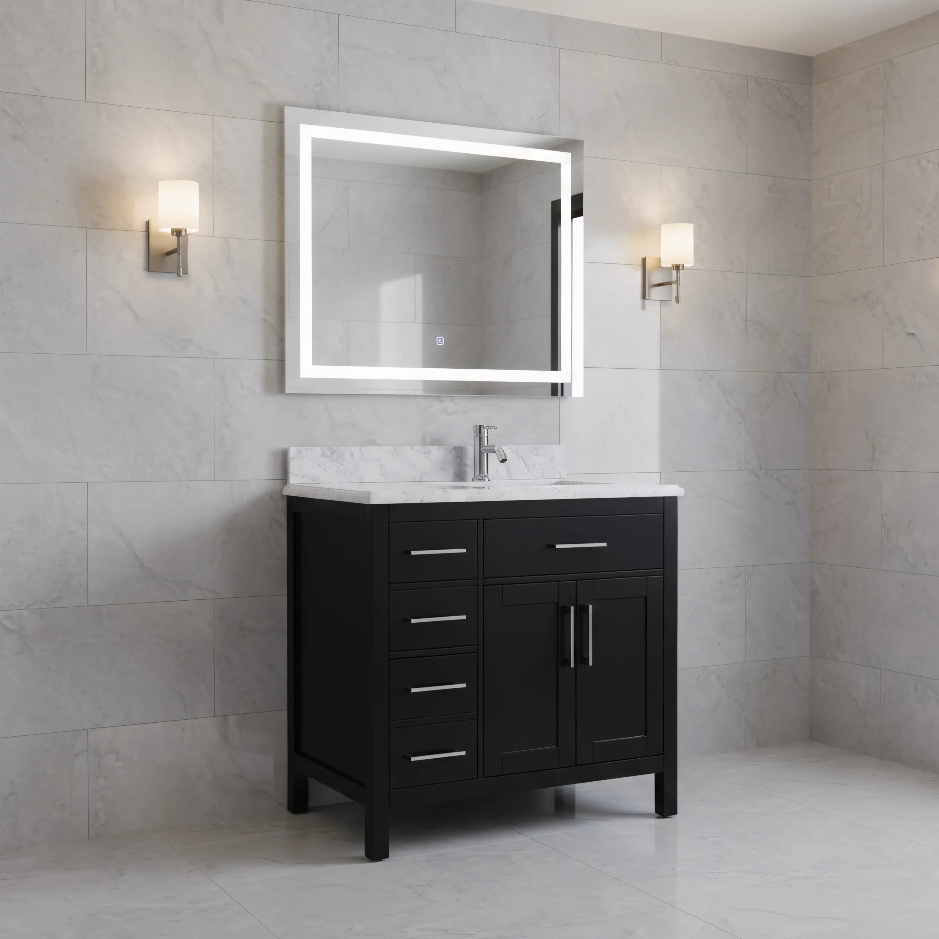 Meuble Lavabo Autoportant Noir 36po avec Comptoir en Marbre Carrera