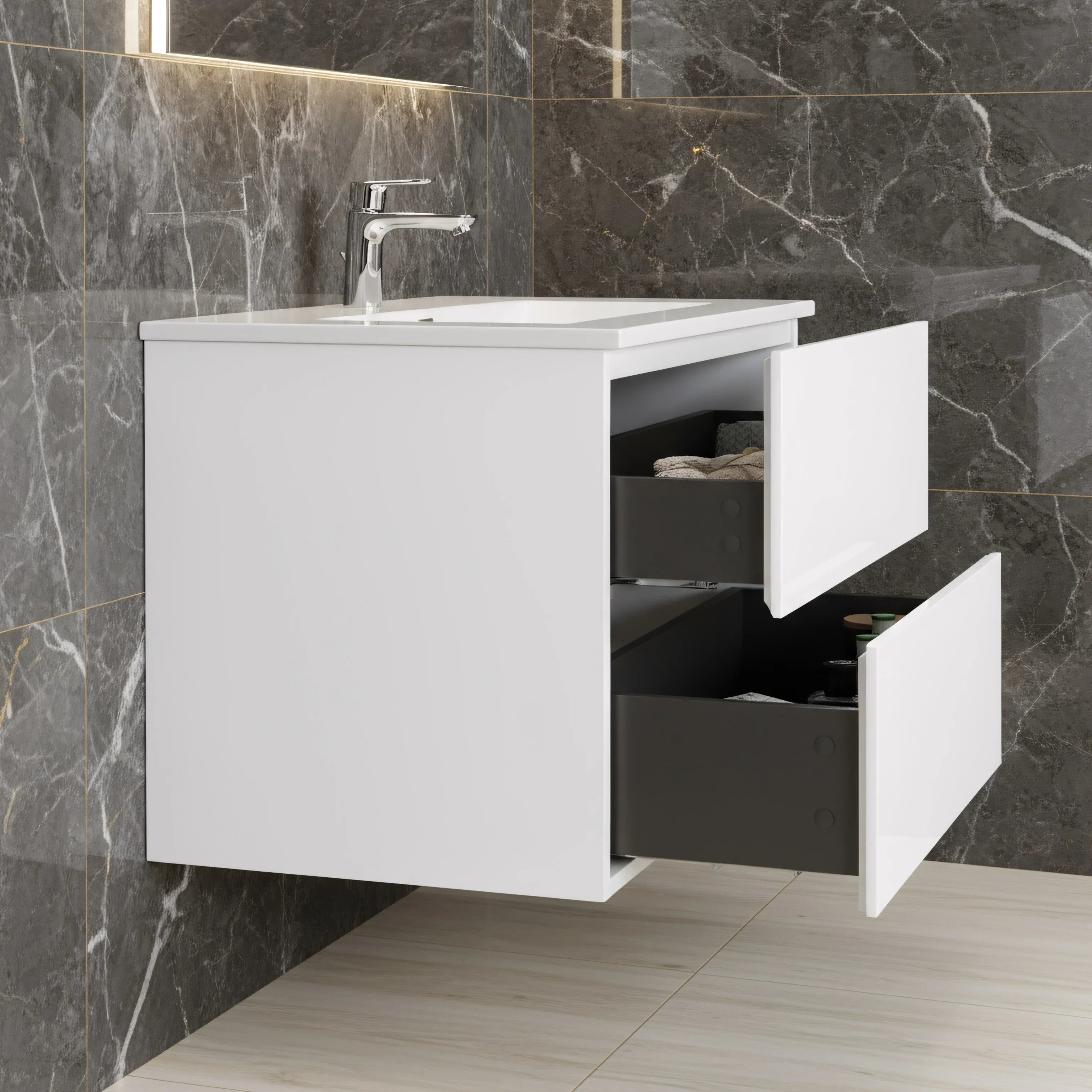 Meuble Lavabo Mural Blanc 40po avec Comptoir en Polymarbre