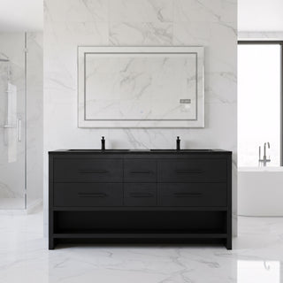 72" Black Rough Oak Freestanding Bathroom Vanity with Black Engineered Quartz Countertop