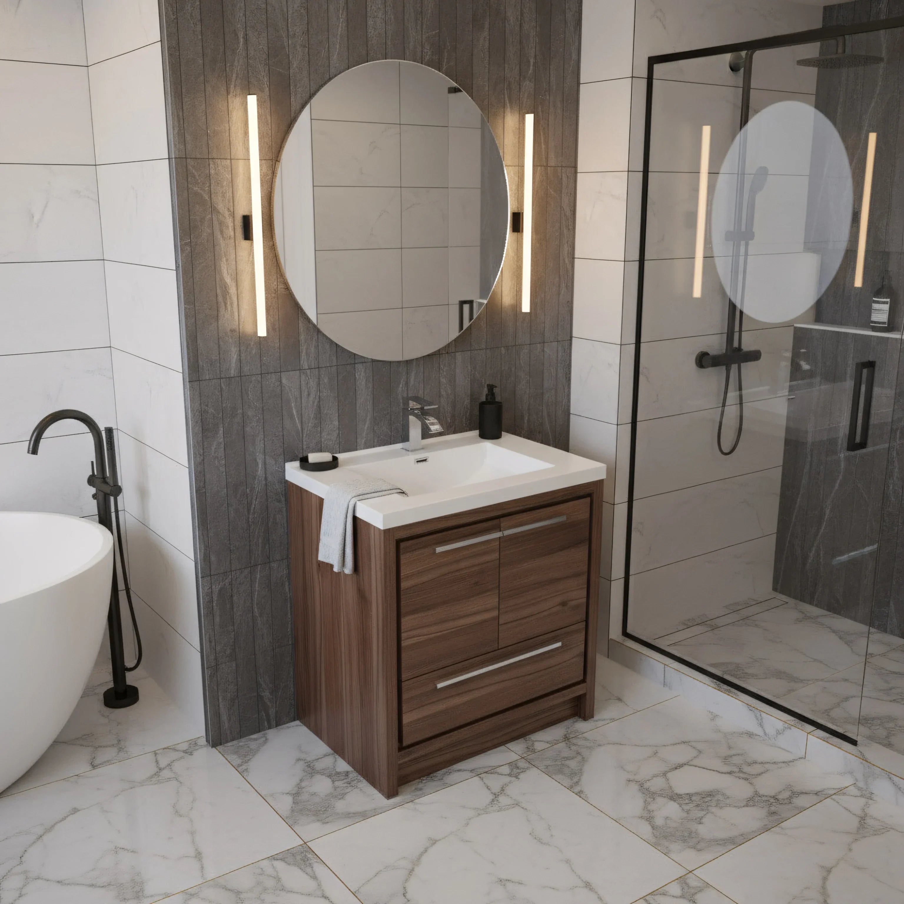 Meuble-Lavabo Autoportant 30po Noyer avec Comptoir de Polymarbre Blanc 