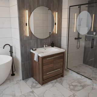 30" Walnut Freestanding Bathroom Vanity with White Polymarble Countertop