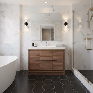 42" Walnut Freestanding Bathroom Vanity with White Polymarble Countertop