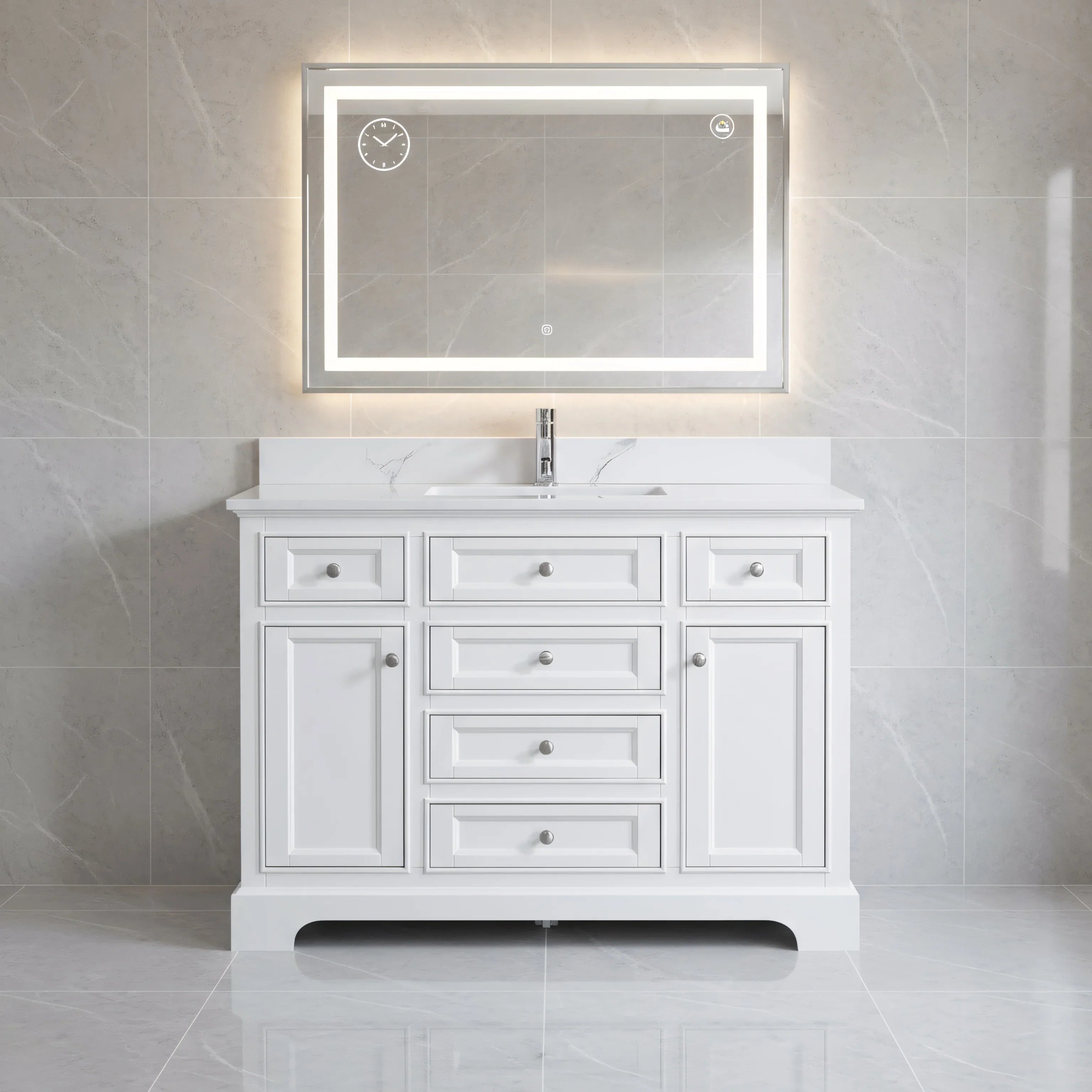 48" White Freestanding Bathroom Vanity with Engineered Calcutta Marble Countertop