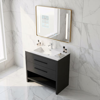 36" Black Rough Oak Freestanding Bathroom Vanity with White Polymarble Countertop