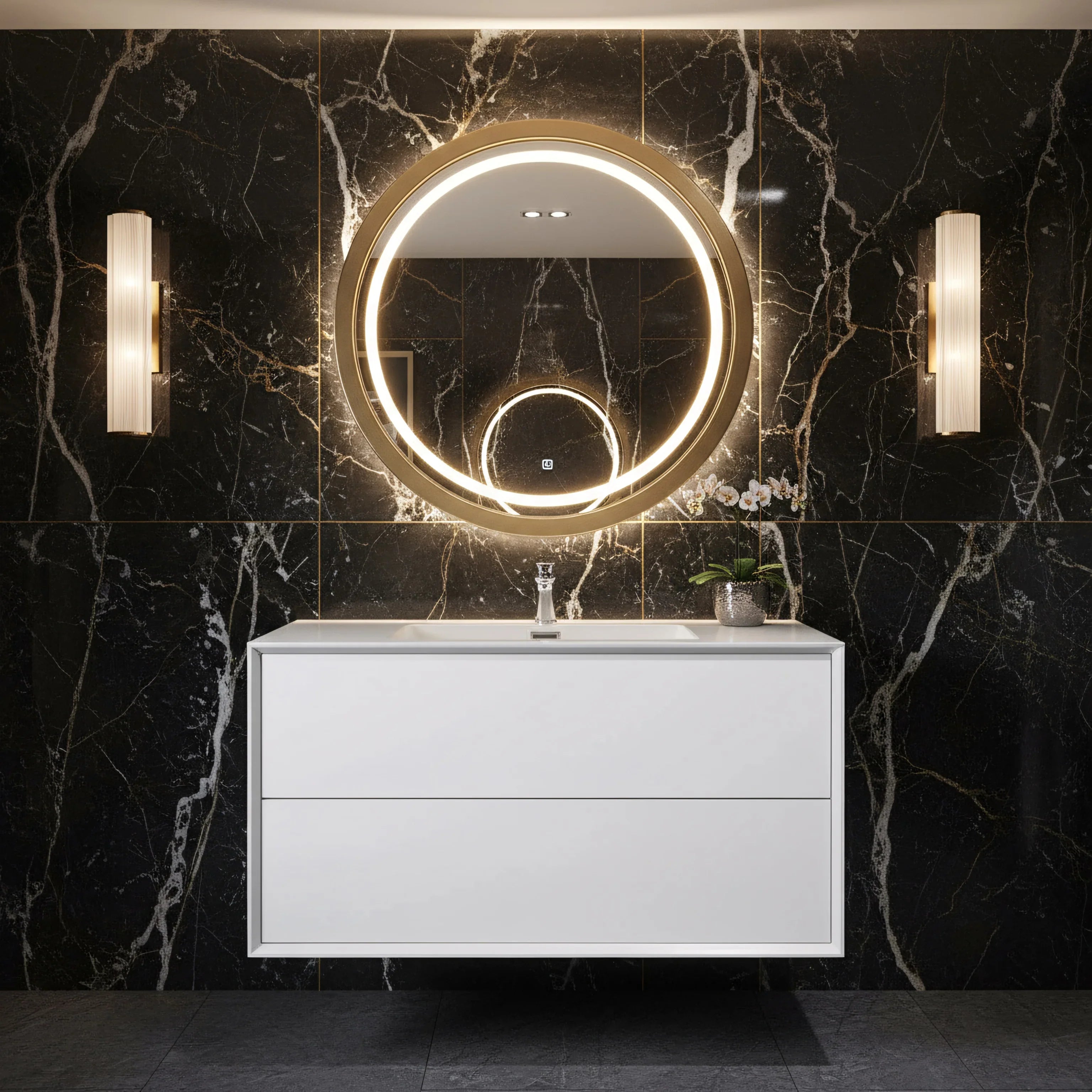 36" White Wall Mount Vanity with White Polymarble Countertop