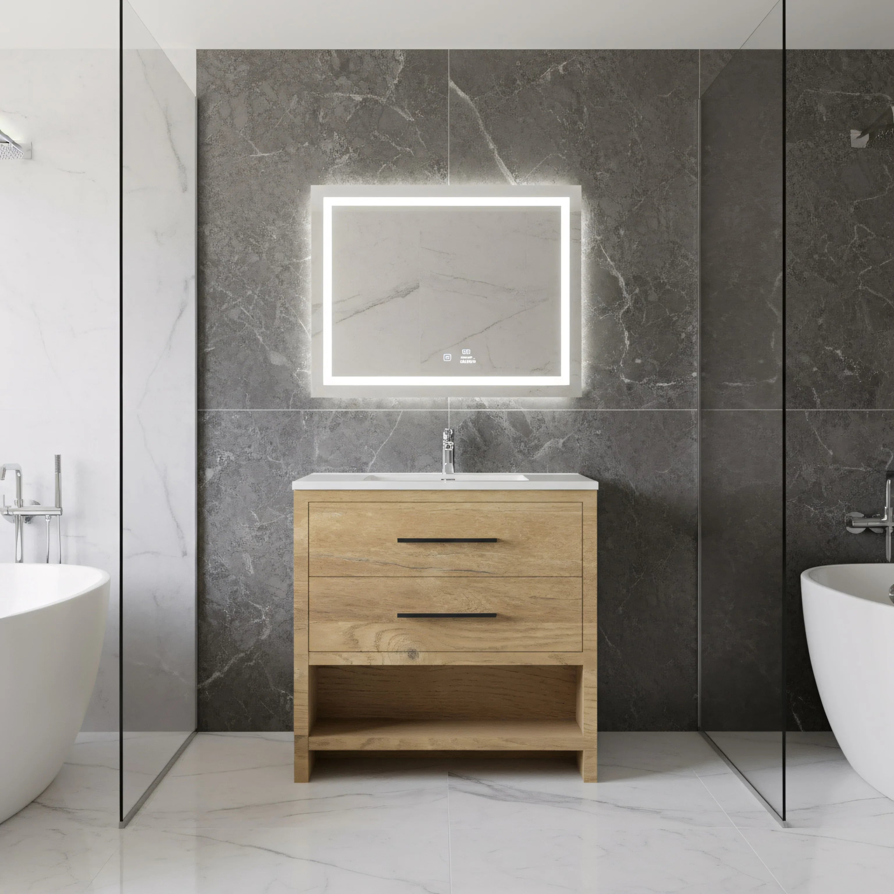 36" Rough Oak Freestanding Bathroom Vanity with White Polymarble Countertop