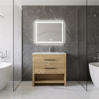 Meuble-lavabo autoportant en chêne brut 36" avec Comptoir en polymarbre blanc