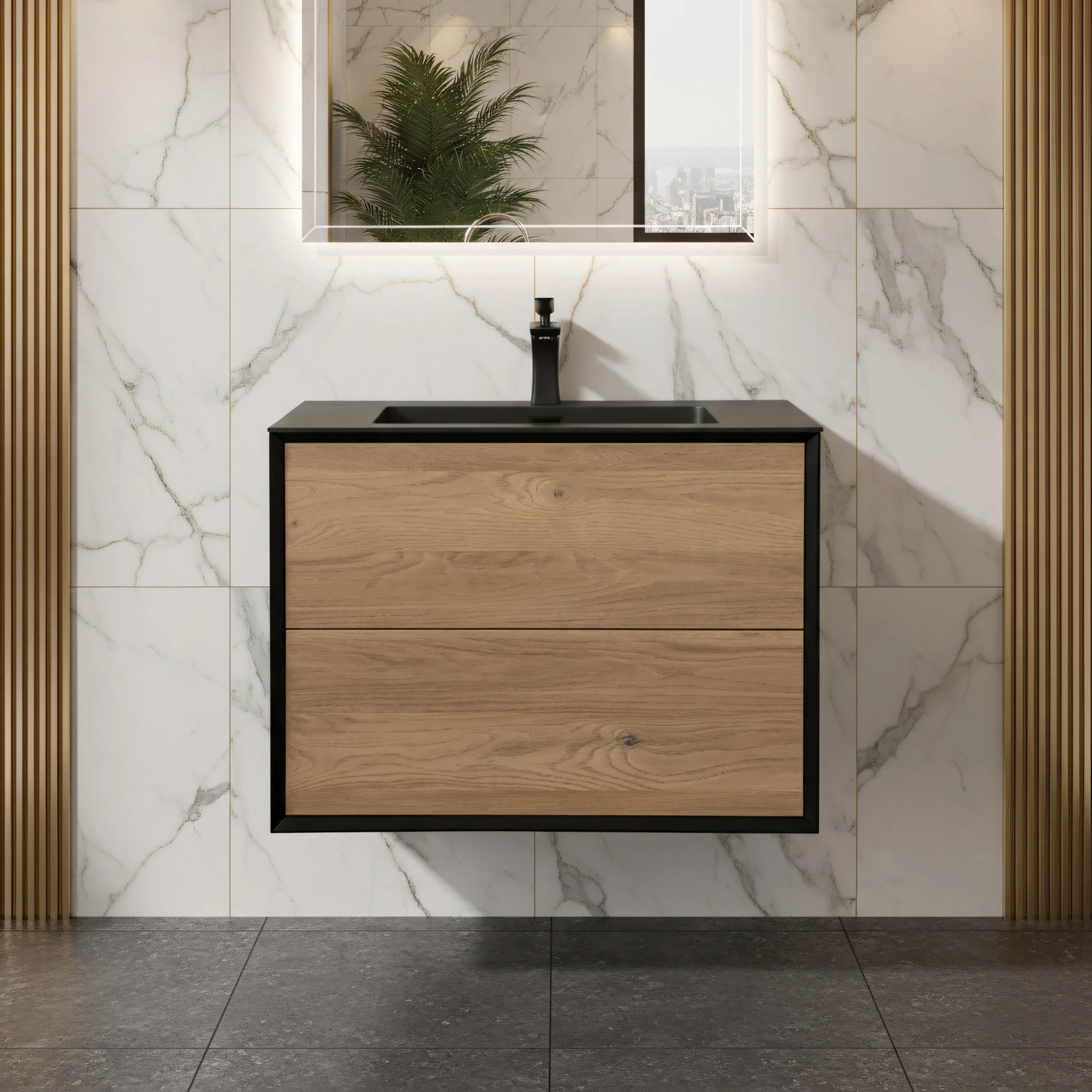 30" Black & Rough Oak Wall Mount Vanity with Black Engineered Quartz Countertop