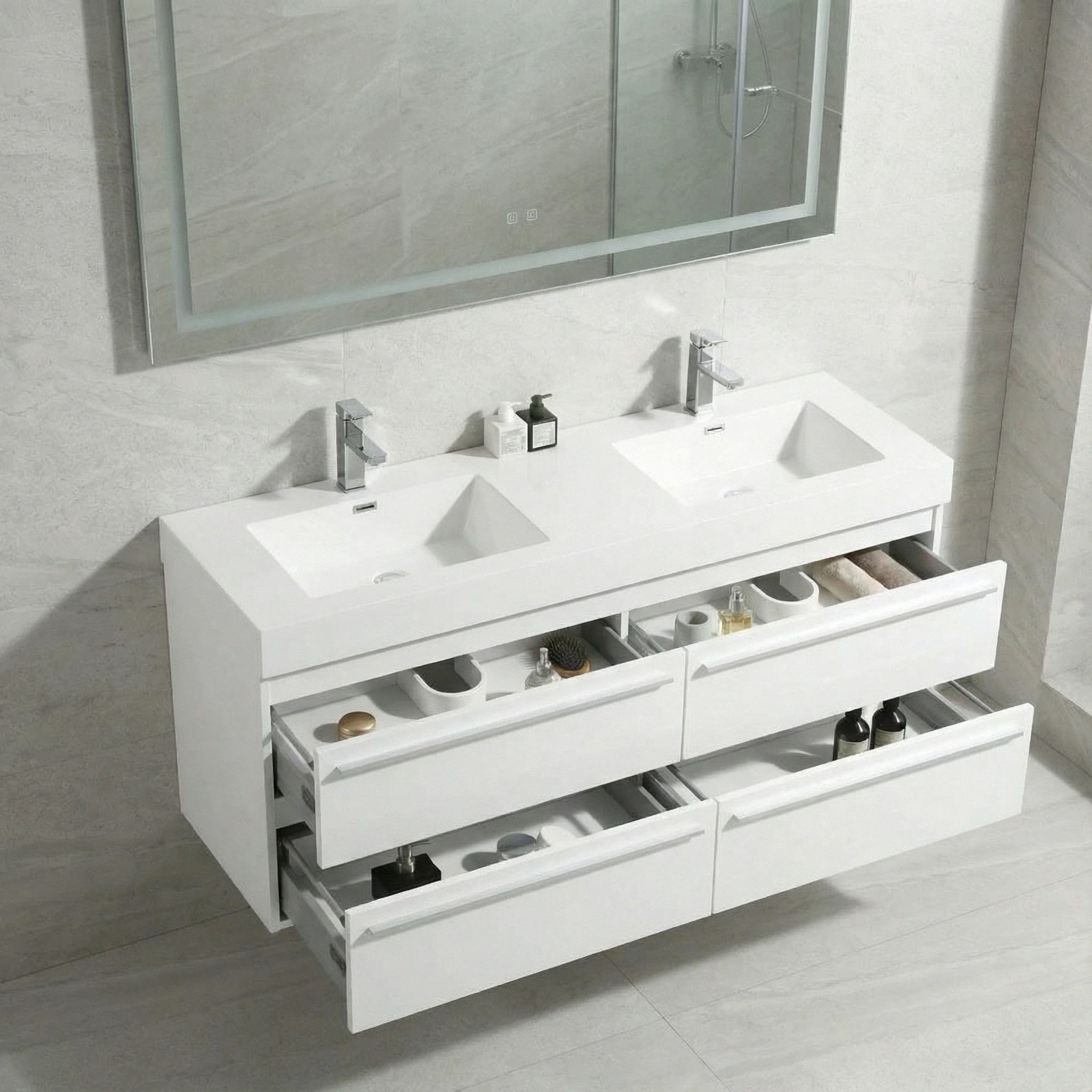 Meuble-Lavabo Mural Blanc de 60 po avec Comptoir en Polymarbre Blanc