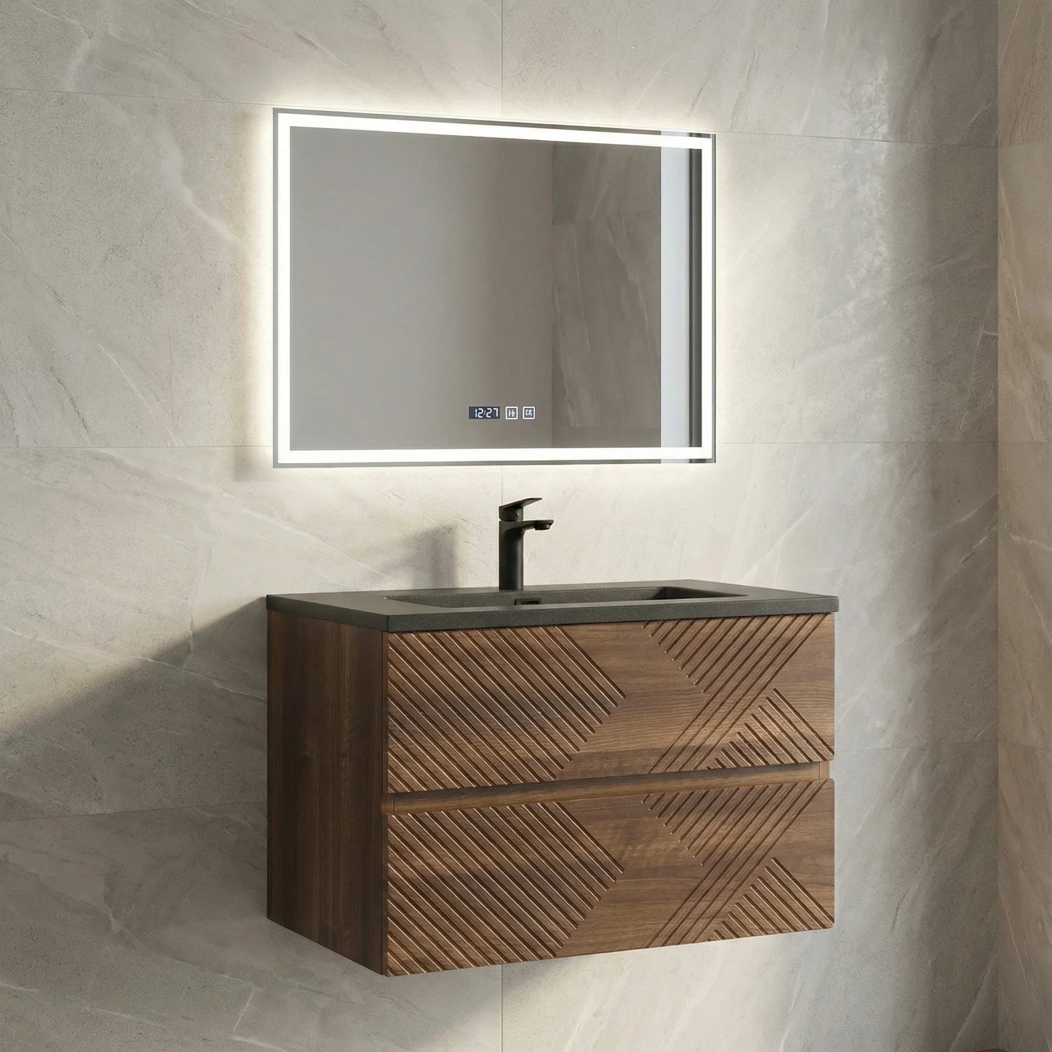 30" Walnut Wall Mount Single Sink Bathroom Vanity with Black Engineered Quartz Countertop