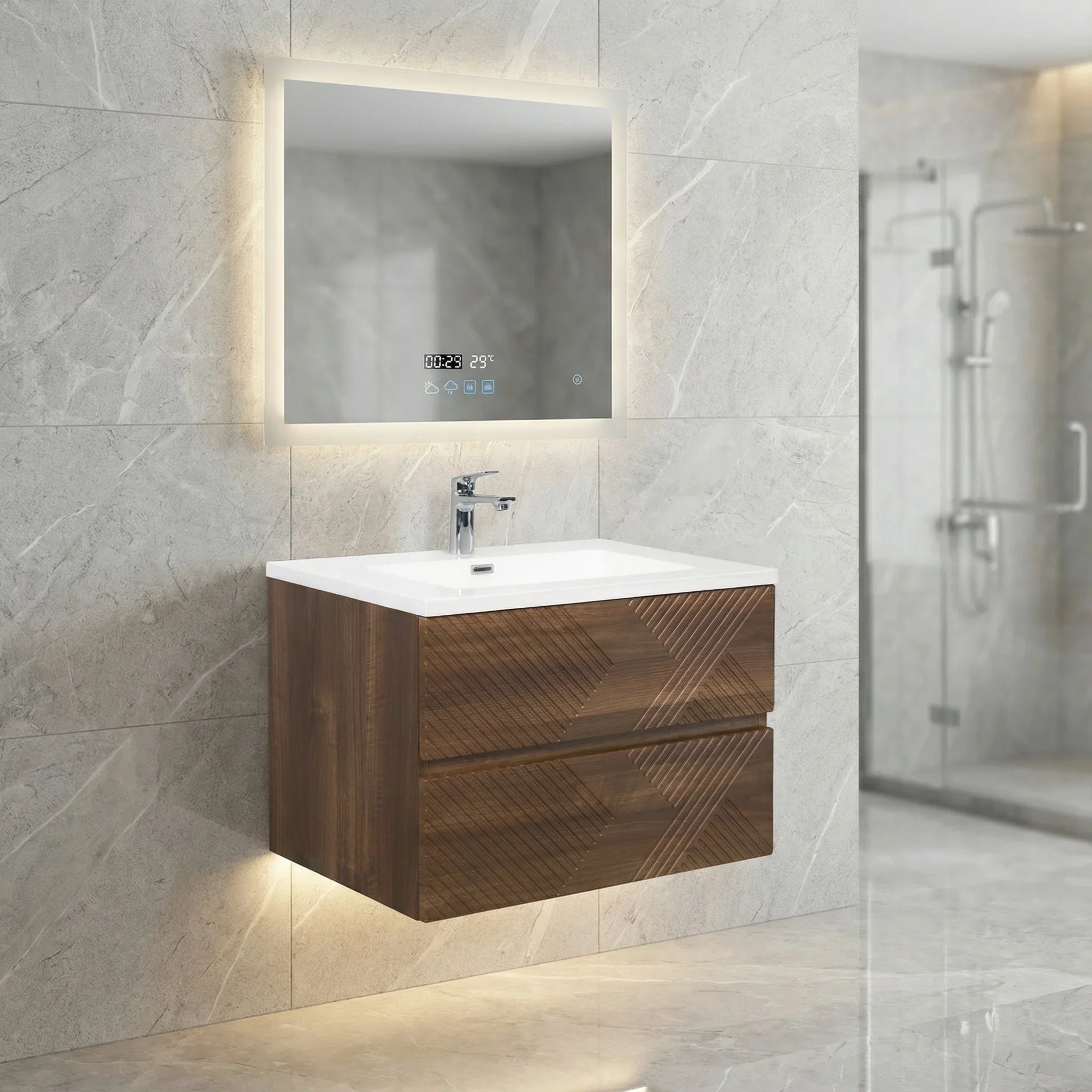 30" Walnut Wall Mount Single Sink Bathroom Vanity with White Polymarble Countertop