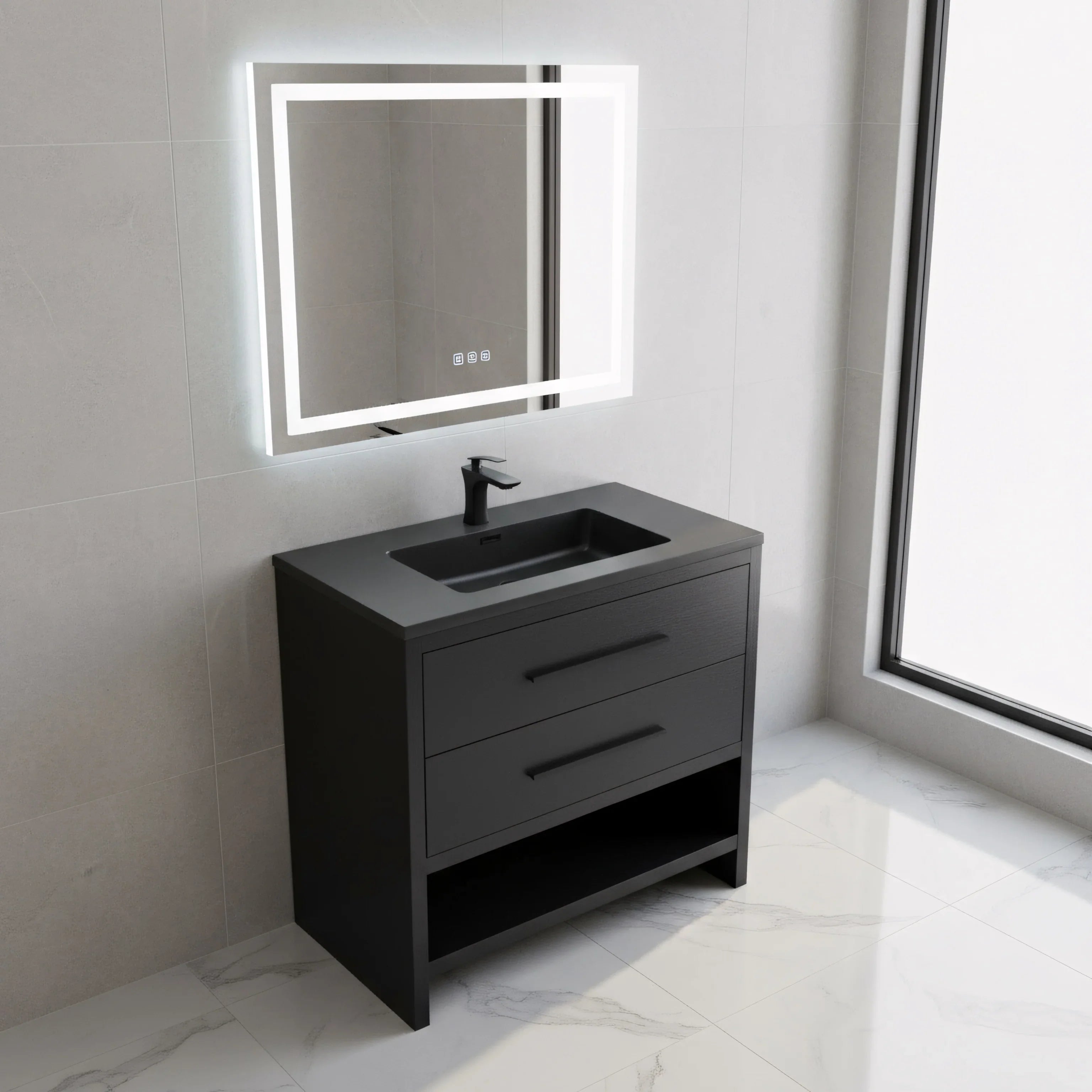 Meuble-Lavabo Autoportant 36po Chêne Brut Noir avec Comptoir de Quartz d'ingénierie Noir