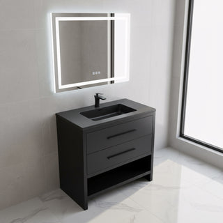36" Black Rough Oak Freestanding Bathroom Vanity with Black Engineered Quartz Countertop