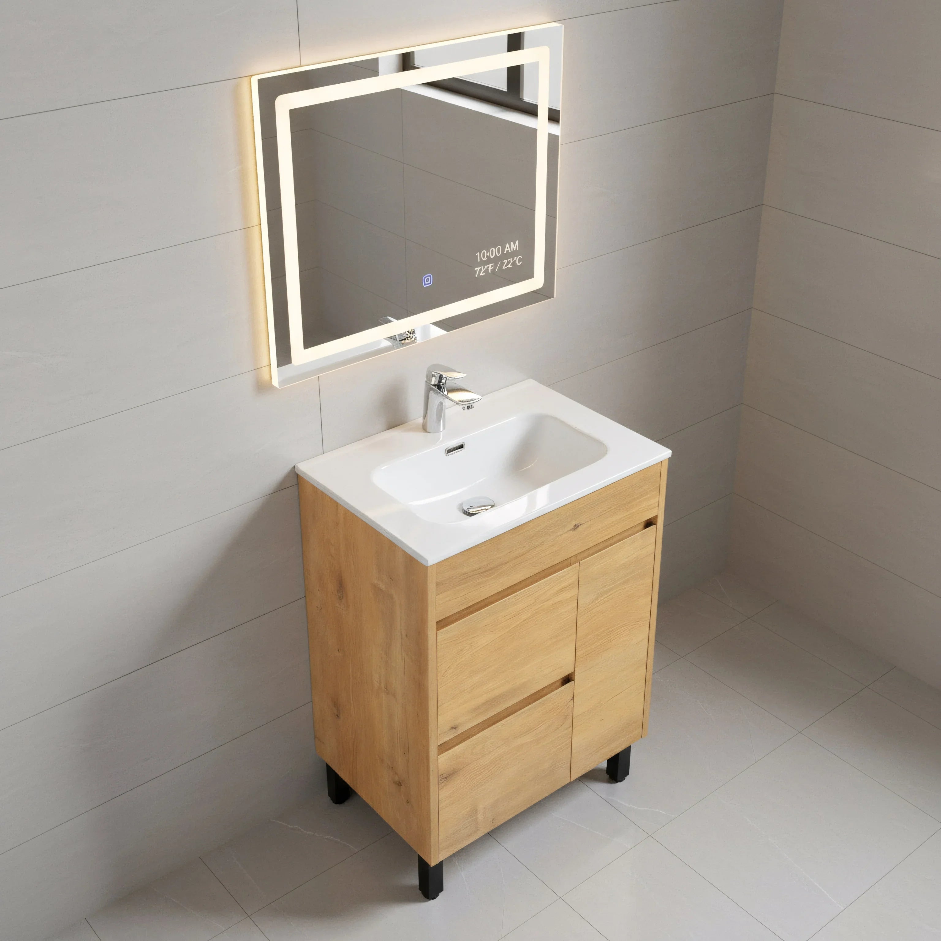 Meuble-Lavabo Autoportant 24po Chêne Givré avec Comptoir de Céramique Blanc