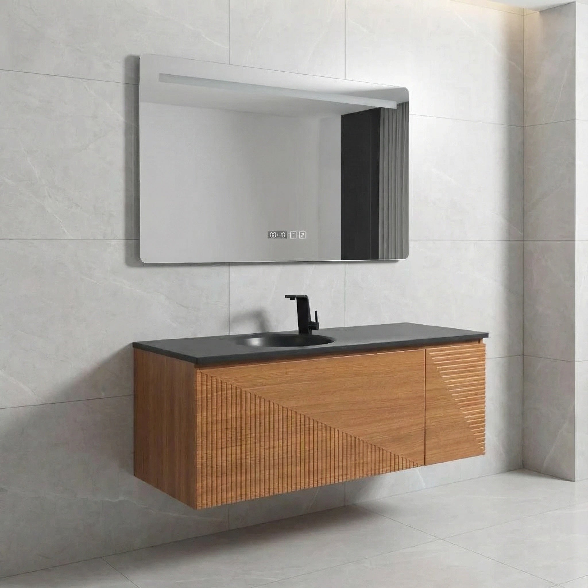 Meuble-Lavabo Mural 48po Chêne Clair avec Comptoir de Quartz d'ingénierie Noir