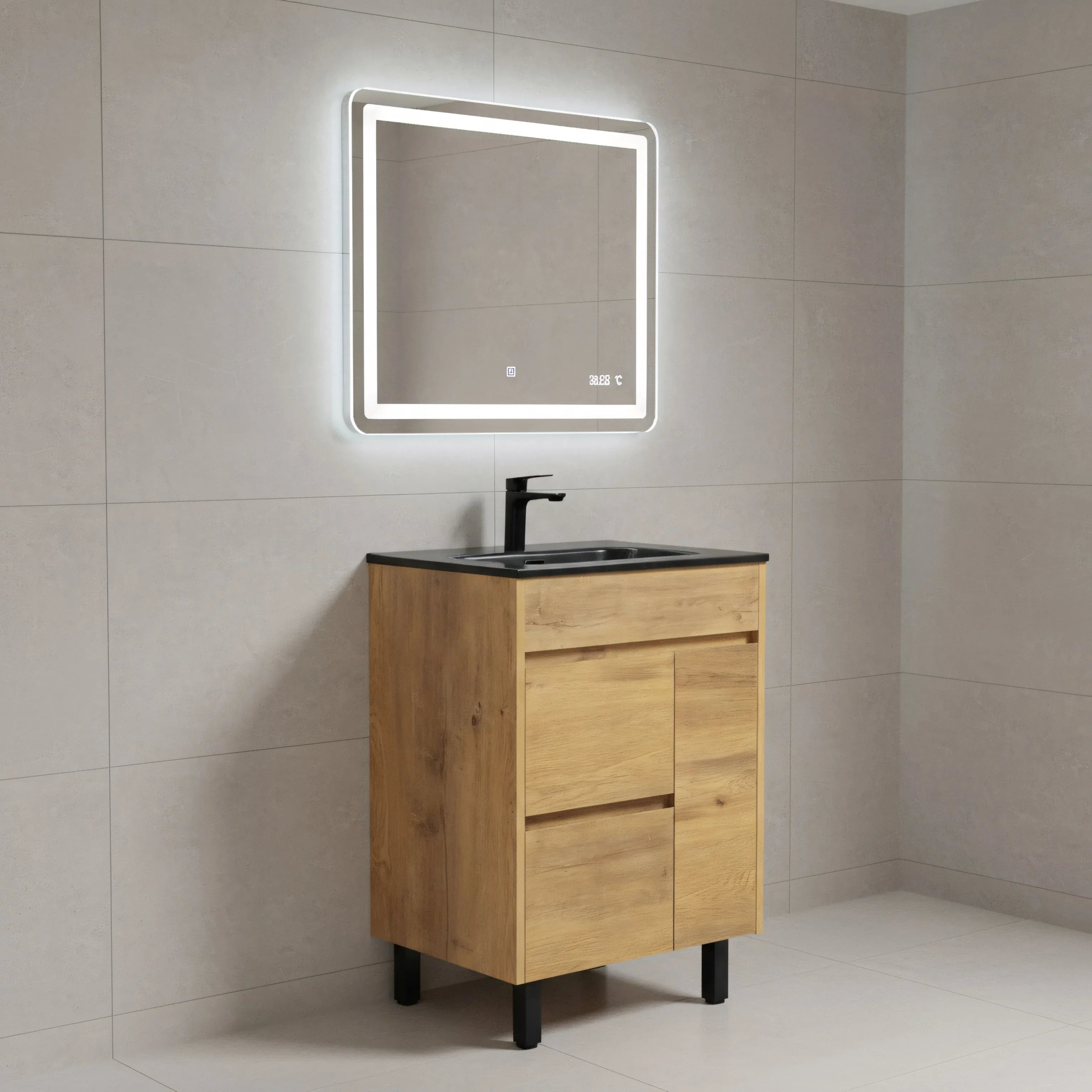 24" Frosted Oak Freestanding Single Sink Bathroom Vanity with Black Ceramic Countetop