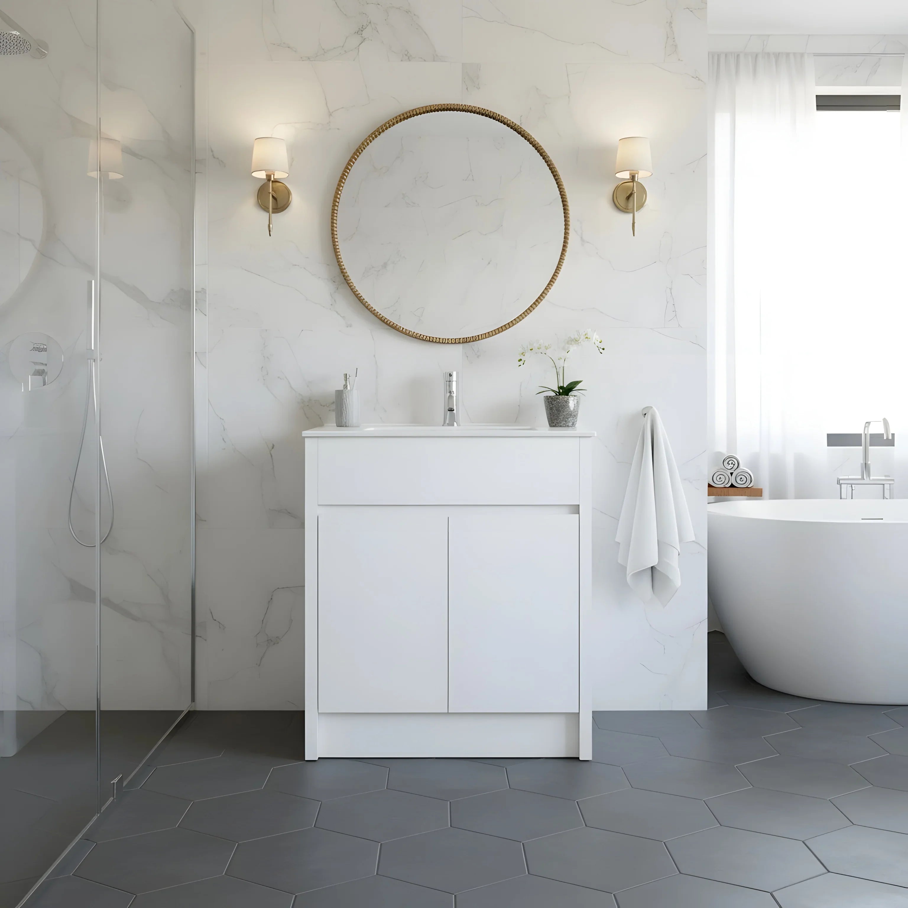 Meuble-Lavabo Autoportant 30po Chêne Blanc avec Comptoir de Céramique Blanc